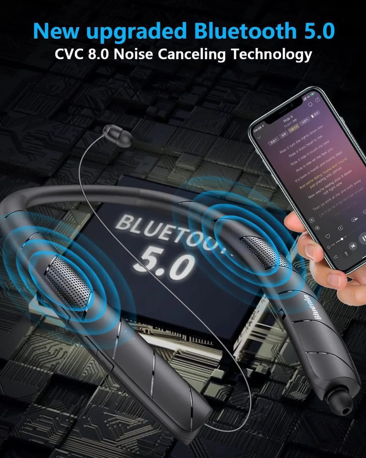 Alt view image 2 of 7 - Bluetooth Headphones Speaker 2 in 1Wireless Neckband Headphones Retractable Earbuds with Built-in TF Memory Card3D Stereo Sound Wearable Speaker Personal Sports Headset Built in Mic (Black 2023)