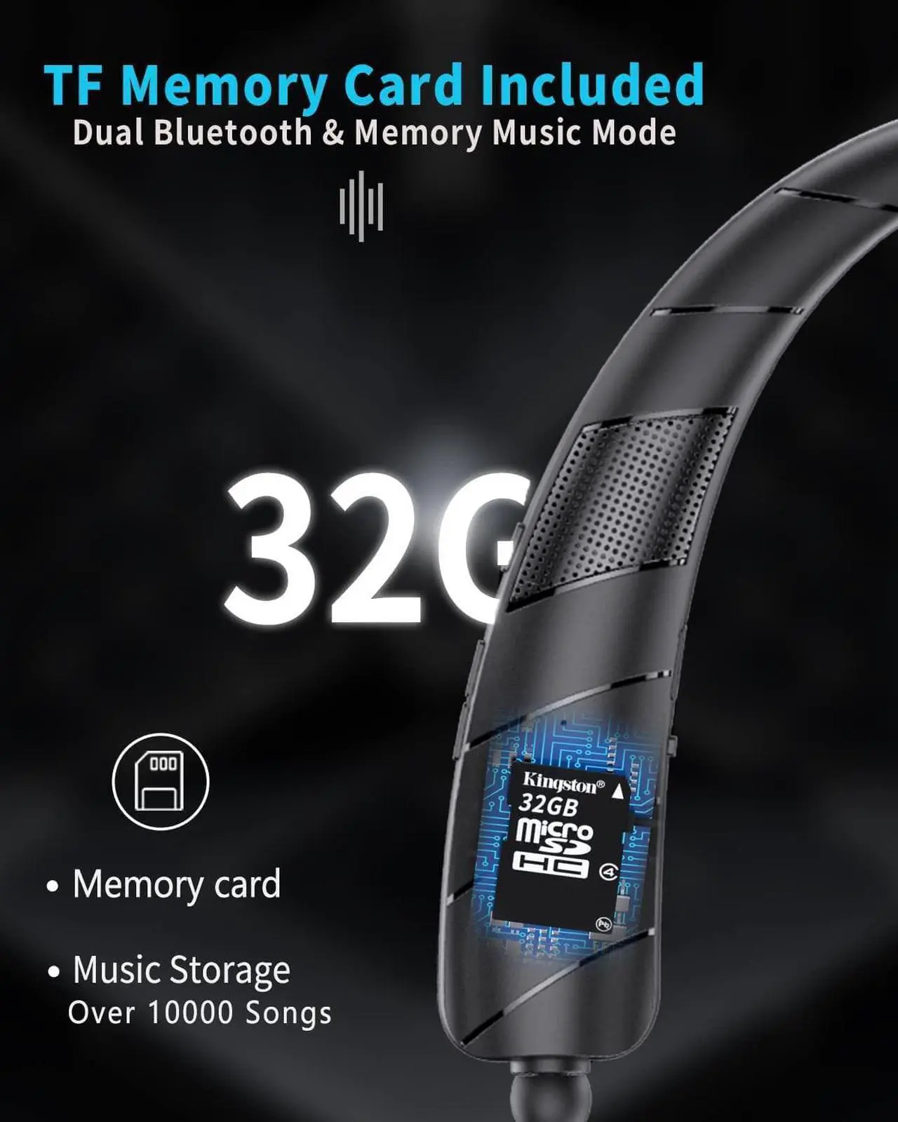 Alt view image 3 of 7 - Bluetooth Headphones Speaker 2 in 1Wireless Neckband Headphones Retractable Earbuds with Built-in TF Memory Card3D Stereo Sound Wearable Speaker Personal Sports Headset Built in Mic (Black 2023)