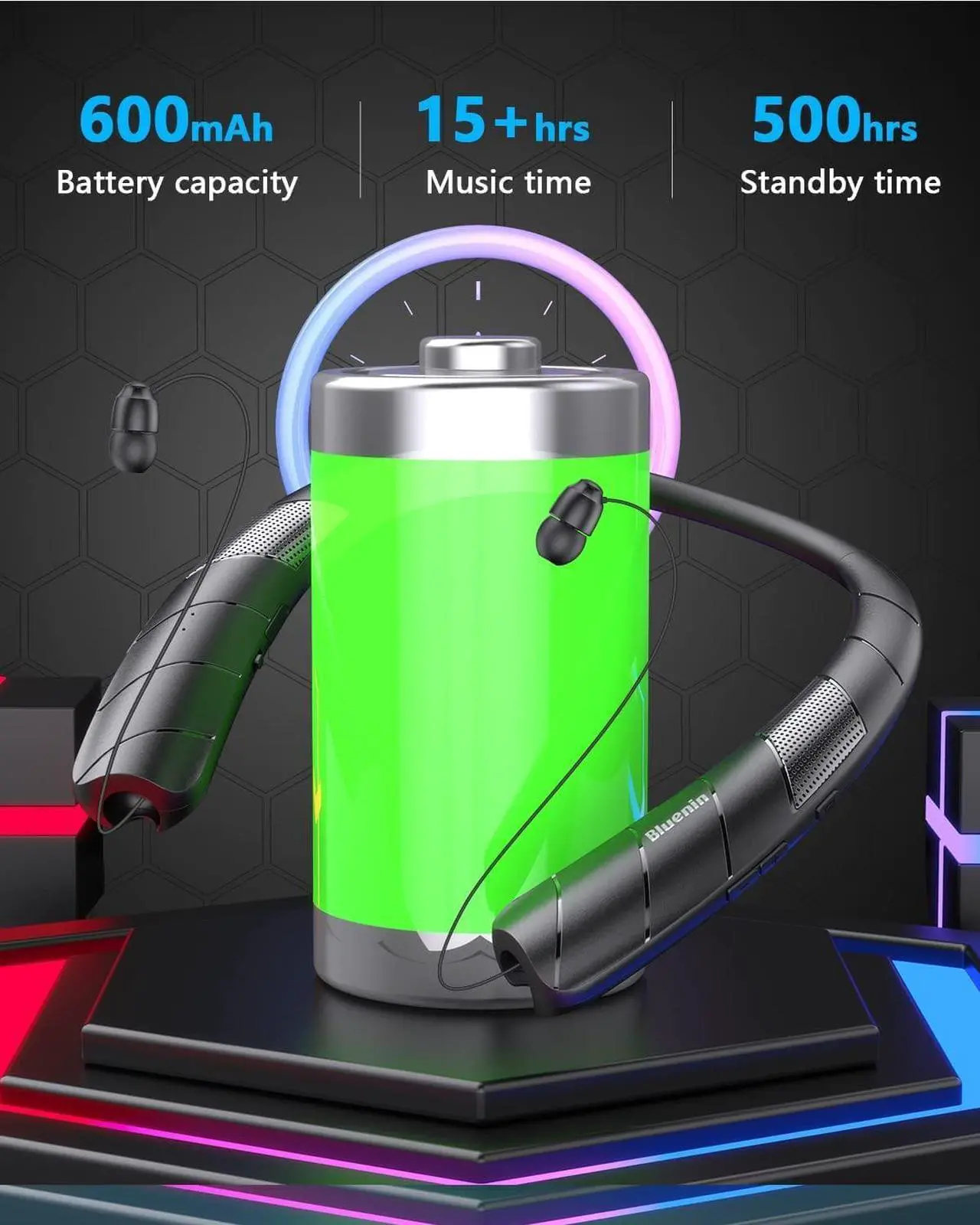 Alt view image 6 of 7 - Bluetooth Headphones Speaker 2 in 1Wireless Neckband Headphones Retractable Earbuds with Built-in TF Memory Card3D Stereo Sound Wearable Speaker Personal Sports Headset Built in Mic (Black 2023)