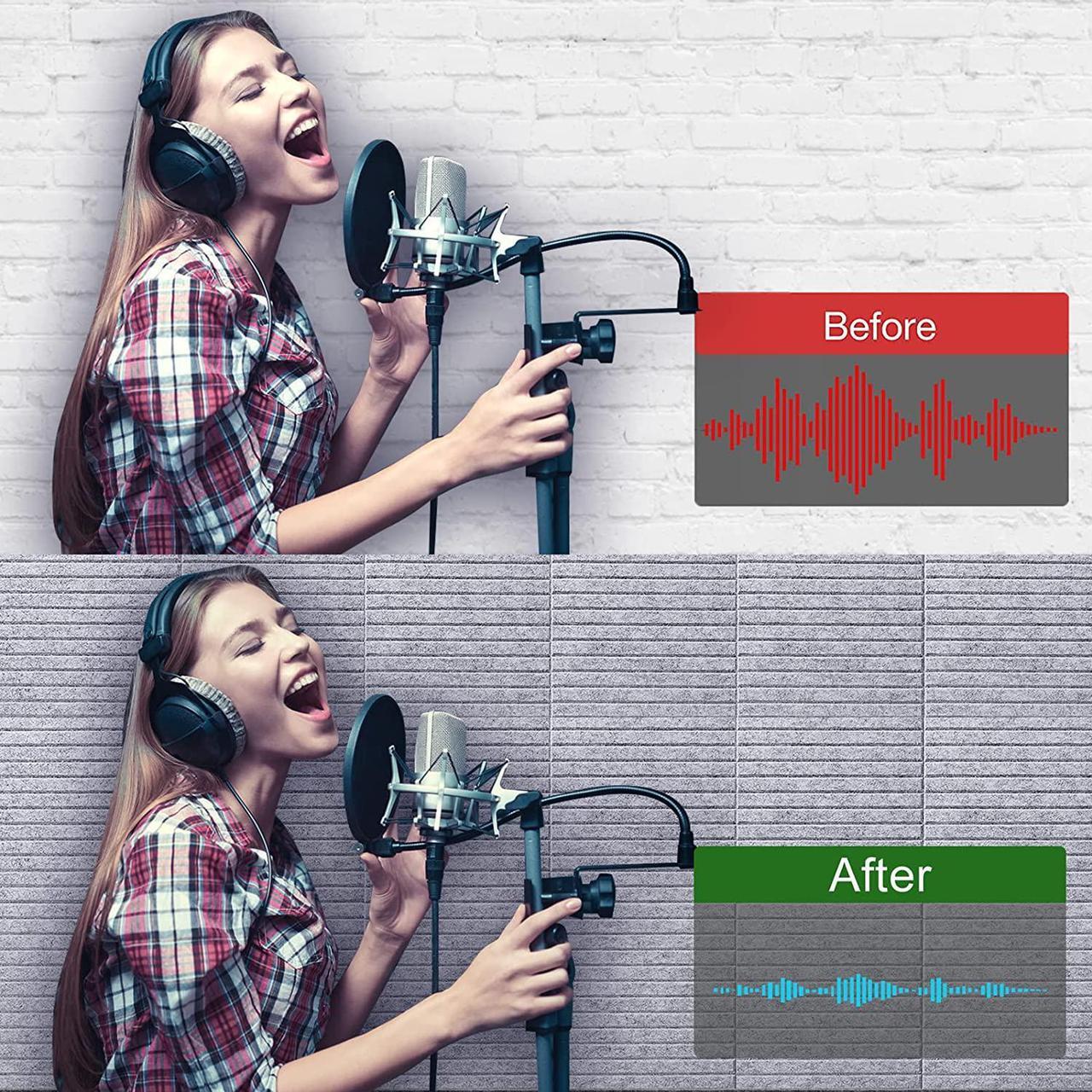 Alt view image 6 of 7 - 16 Pcs Pro Grade Soundproof Wall Panels,Acoustic Panels,Premium Sound Panels,Better than Foam,Wedge Design,with Adhesive on Back,For Acoustical Treatments/Professional Studio,12×12×0.4 in(Light grey)