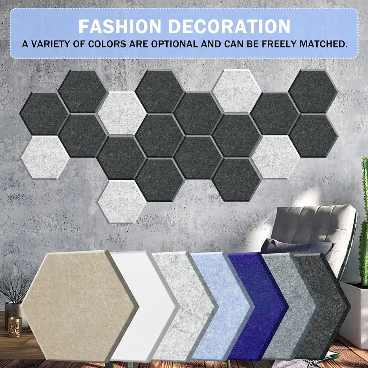 Alt view image 6 of 7 - SHJADE Self-Adhesive Acoustic Panels, 12 Pcs 12" X 10" X 0.4" Sound Absorbing Panels, High Density Hexagon Acoustical Wall Padding(Silver Grey)