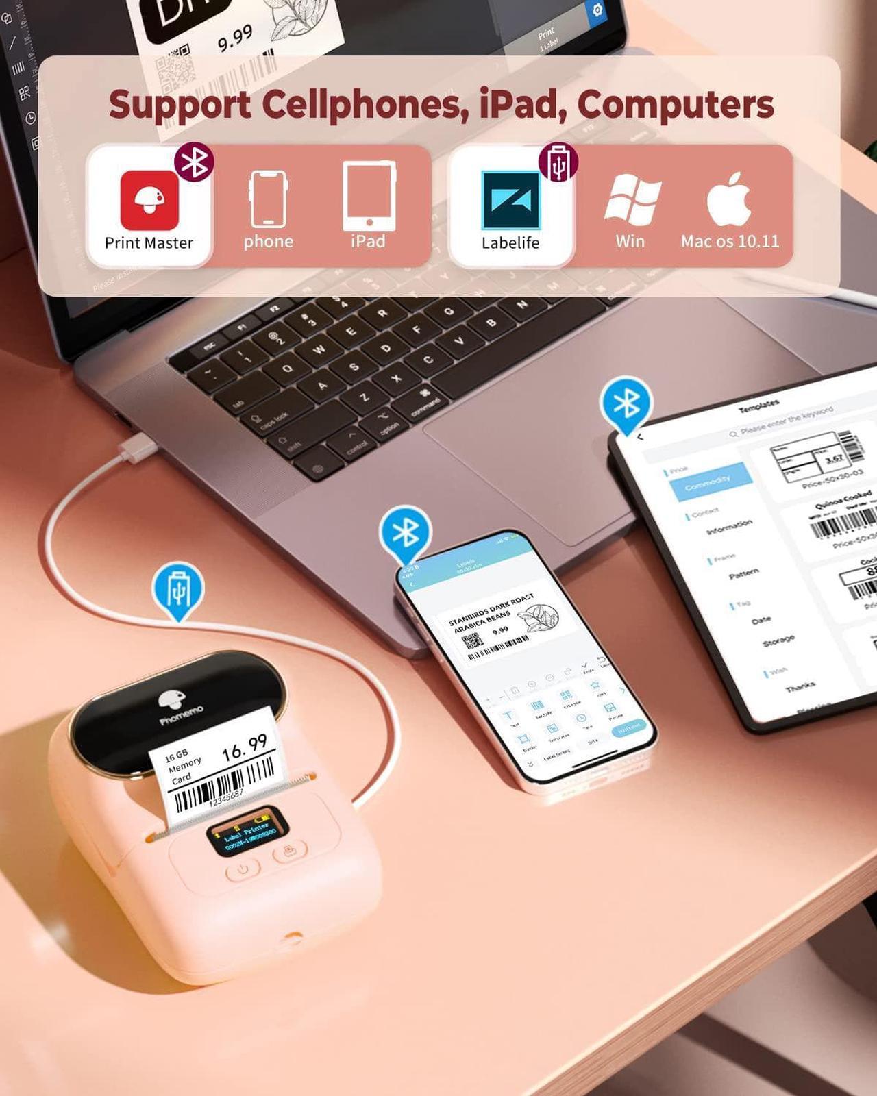 Alt view image 3 of 7 - Phomemo Label Printer - M110 Barcode Printer, Upgraded Bluetooth Portable Thermal Label Maker for Product, Address, Small Business, Office, Home for Phone/Tablet/PC/Mac, with 100pcs Labels, Baby Pink