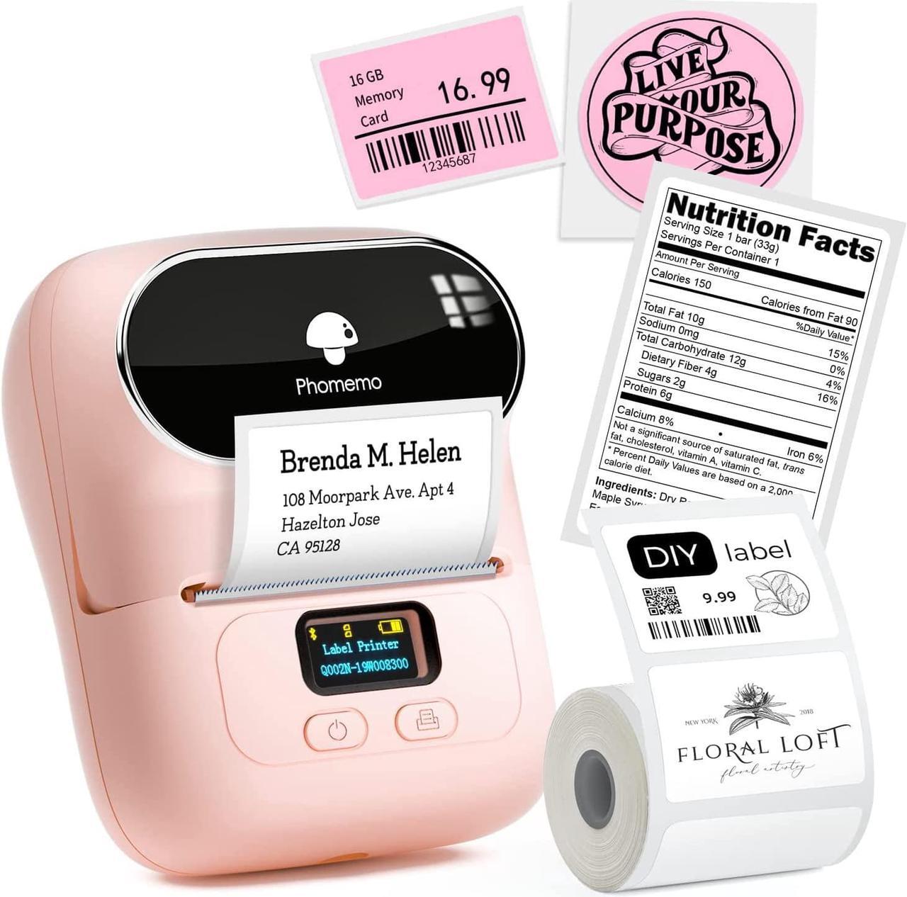 Main image of Phomemo Label Printer - M110 Barcode Printer, Upgraded Bluetooth Portable Thermal Label Maker for Product, Address, Small Business, Office, Home for Phone/Tablet/PC/Mac, with 100pcs Labels, Baby Pink