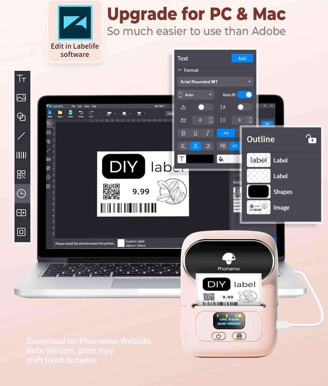Alt view image 7 of 7 - Phomemo Label Printer - M110 Barcode Printer, Upgraded Bluetooth Portable Thermal Label Maker for Product, Address, Small Business, Office, Home for Phone/Tablet/PC/Mac, with 100pcs Labels, Baby Pink