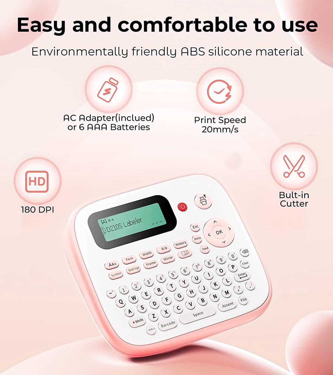 Alt view image 3 of 7 - Vixic Pink Label Makers,D210S Labeler Machine,Portable 12mm Label Printer,QWERTY Keyboard,500+Symbols,AC Adapter(Inclued),Labeling Sticker for Home Office School Small Buessiness Organized
