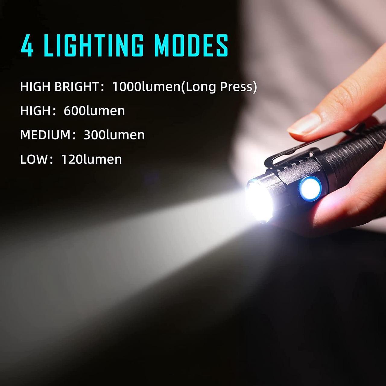 Alt view image 3 of 7 - lexall Small Flashlight, 1200 High Lumens, USB Rechargeable Compact LED Flashlight with Clip, Mini Pocket Sized EDC Flashlight with Unique Tail Design(2 Pack)