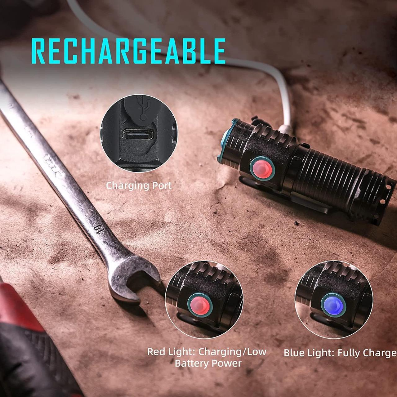 Alt view image 6 of 7 - lexall Small Flashlight, 1200 High Lumens, USB Rechargeable Compact LED Flashlight with Clip, Mini Pocket Sized EDC Flashlight with Unique Tail Design(2 Pack)