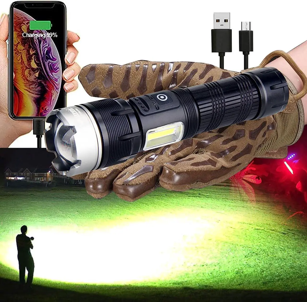 Main image of Worlds Smallest Brightest Flashlight High Lumen 1000000 Military Rechargeable Zoom Searchlights Lantern Combo with Red Light Optional for Kids Camping Hiking Daily Use Car Hunting Fishing, Black