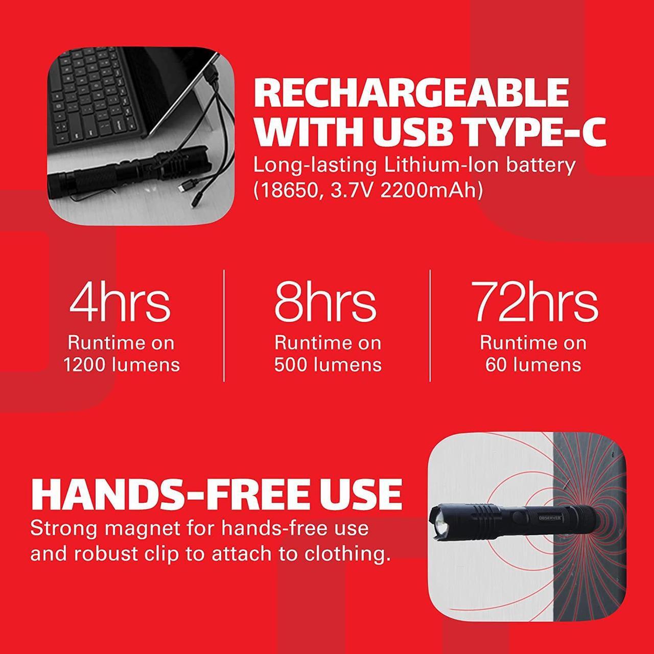 Alt view image 5 of 7 - Observer Tools 1200 Lumen LED Flashlight Rechargeable- LED Tactical Flashlight with Power Bank, Dual Power- Lightweight IP67 Waterproof Flashlights for Emergencies Hiking First Responders
