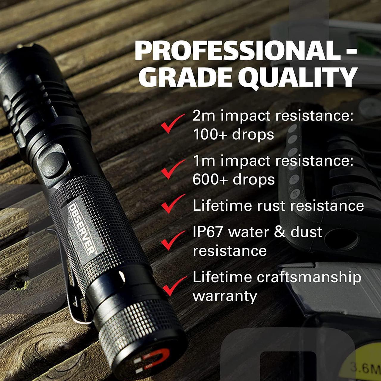 Alt view image 6 of 7 - Observer Tools 1200 Lumen LED Flashlight Rechargeable- LED Tactical Flashlight with Power Bank, Dual Power- Lightweight IP67 Waterproof Flashlights for Emergencies Hiking First Responders