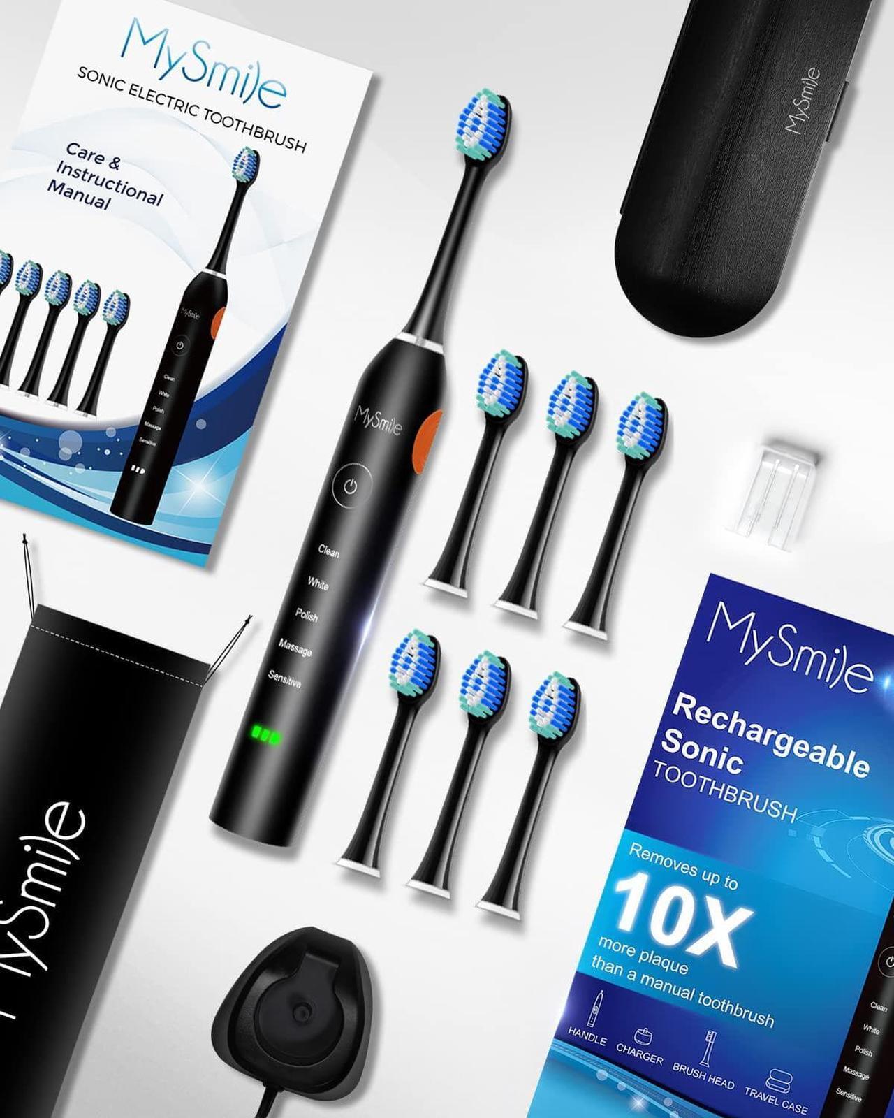 Alt view image 6 of 6 - MySmile Electric Toothbrush for Adults, Rechargeable Sonic Electronic Toothbrush with 6 Brush Heads and Travel Case, 2 Mins 5 Modes Smart Timer, 48000VPM (Black)
