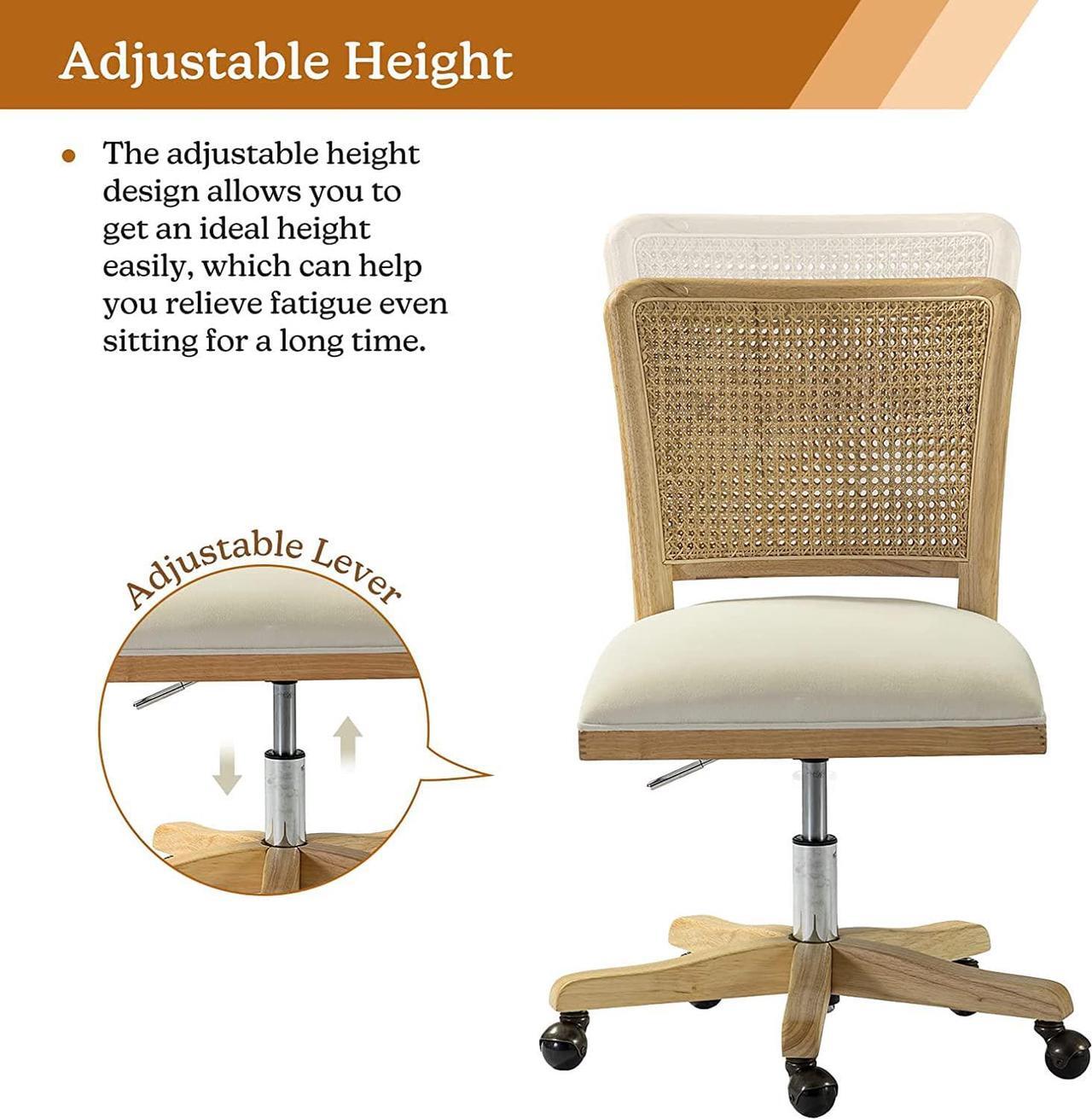 Alt view image 3 of 7 - Modern Home Office Chair Comfortable Upholstered Boho Armless Desk Chair, Adjustable Swivel Rolling Computer Chair with Rattan Mid-Back Support, Beige