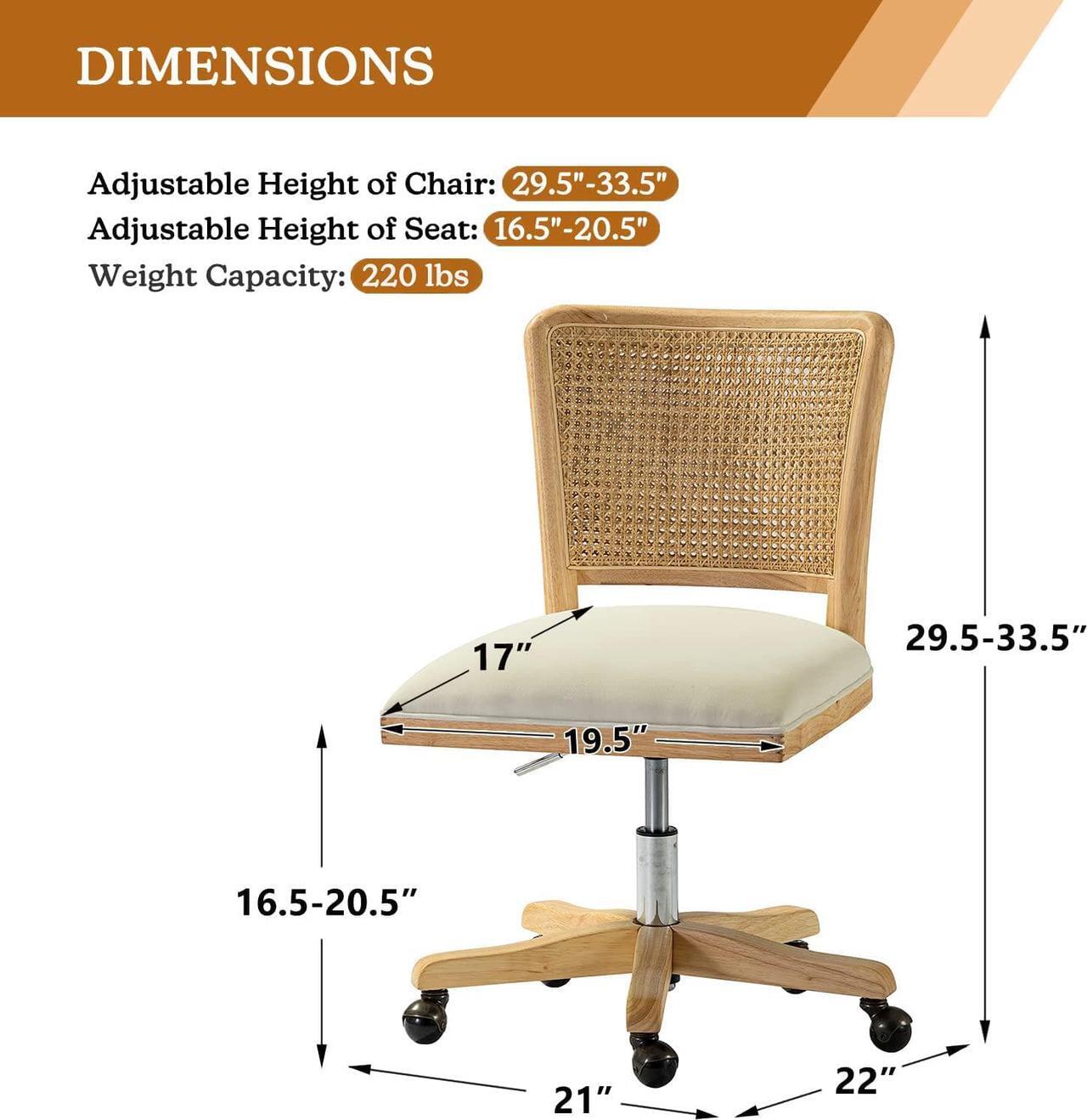 Alt view image 2 of 7 - Modern Home Office Chair Comfortable Upholstered Boho Armless Desk Chair, Adjustable Swivel Rolling Computer Chair with Rattan Mid-Back Support, Beige
