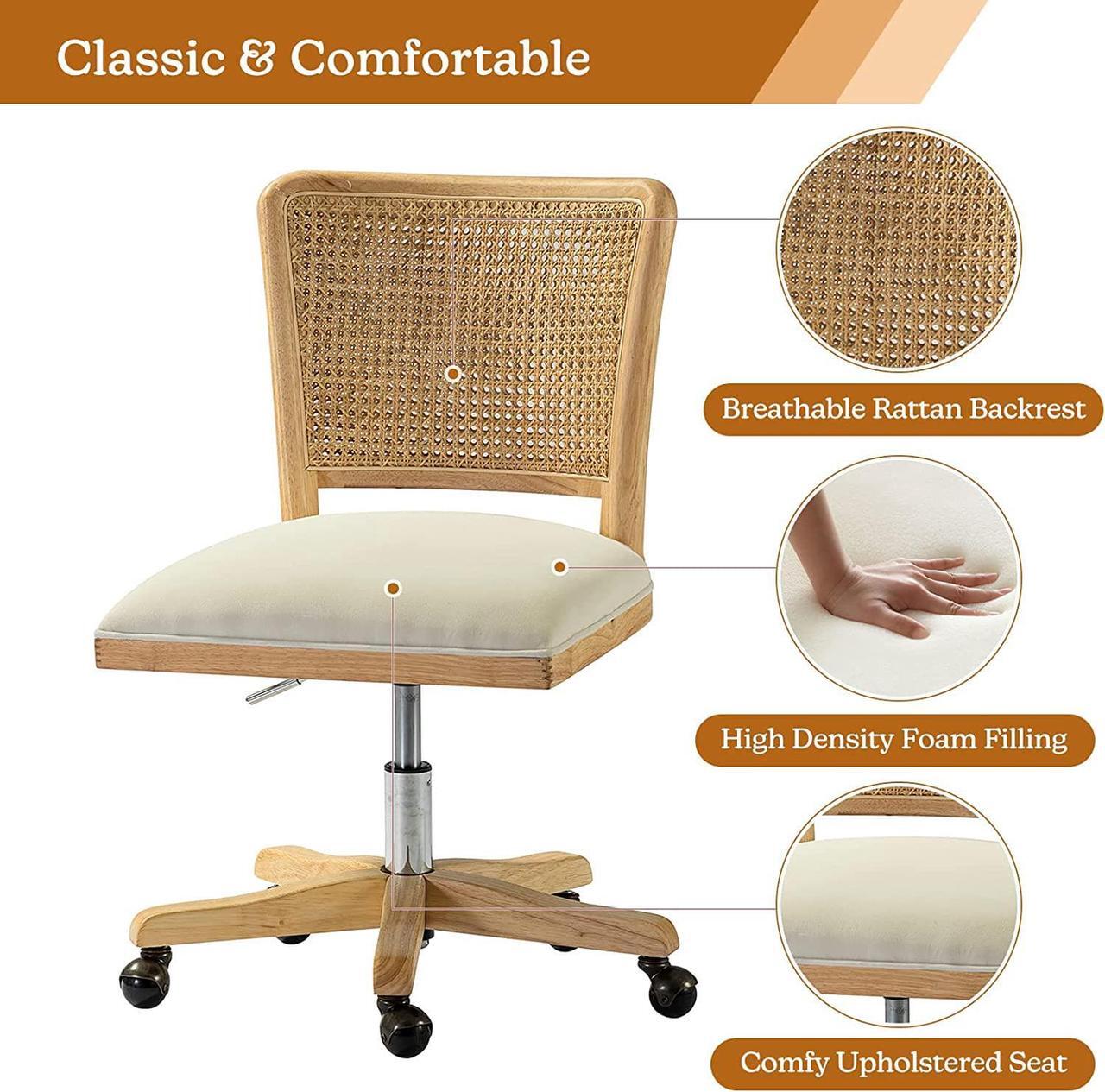 Alt view image 4 of 7 - Modern Home Office Chair Comfortable Upholstered Boho Armless Desk Chair, Adjustable Swivel Rolling Computer Chair with Rattan Mid-Back Support, Beige