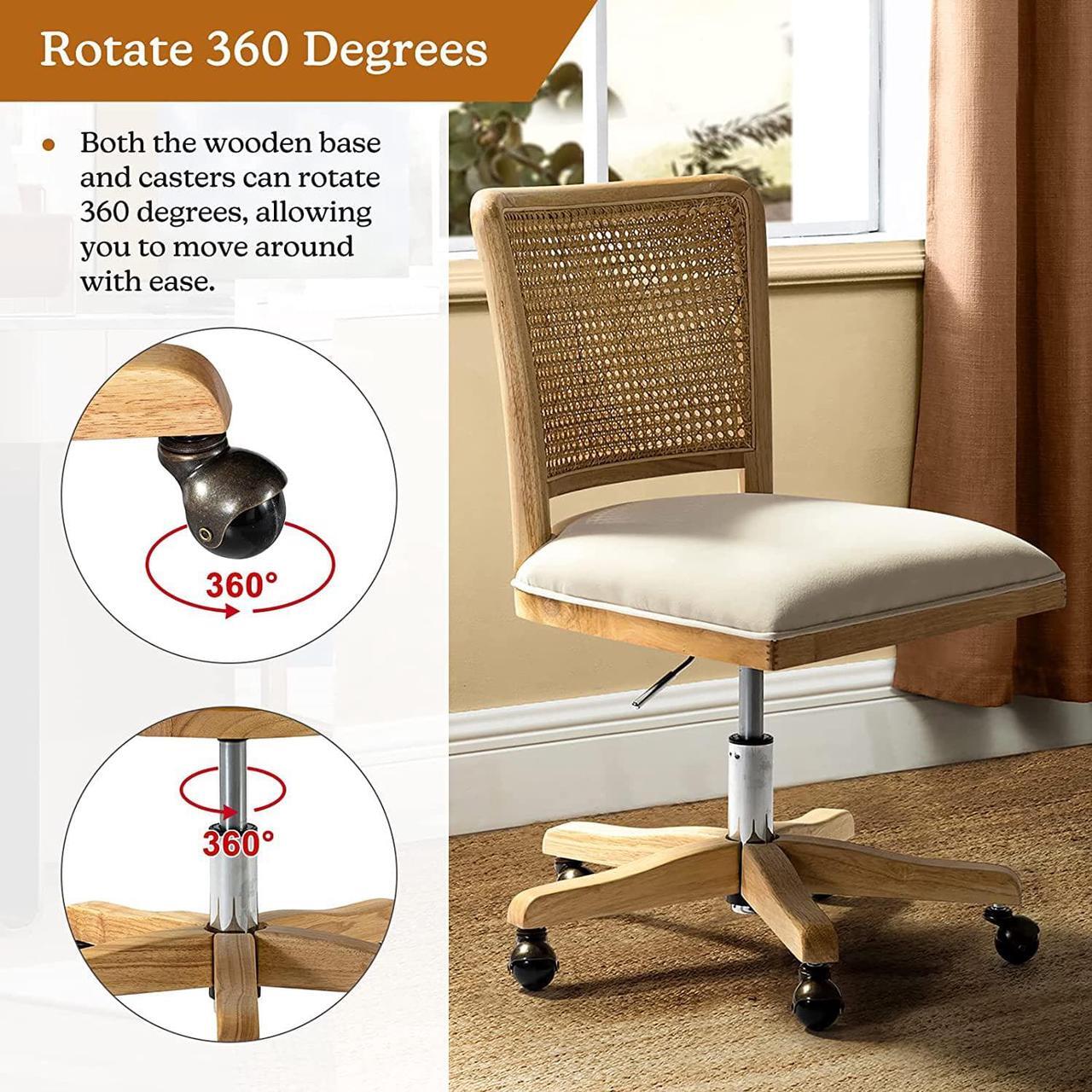 Alt view image 5 of 7 - Modern Home Office Chair Comfortable Upholstered Boho Armless Desk Chair, Adjustable Swivel Rolling Computer Chair with Rattan Mid-Back Support, Beige