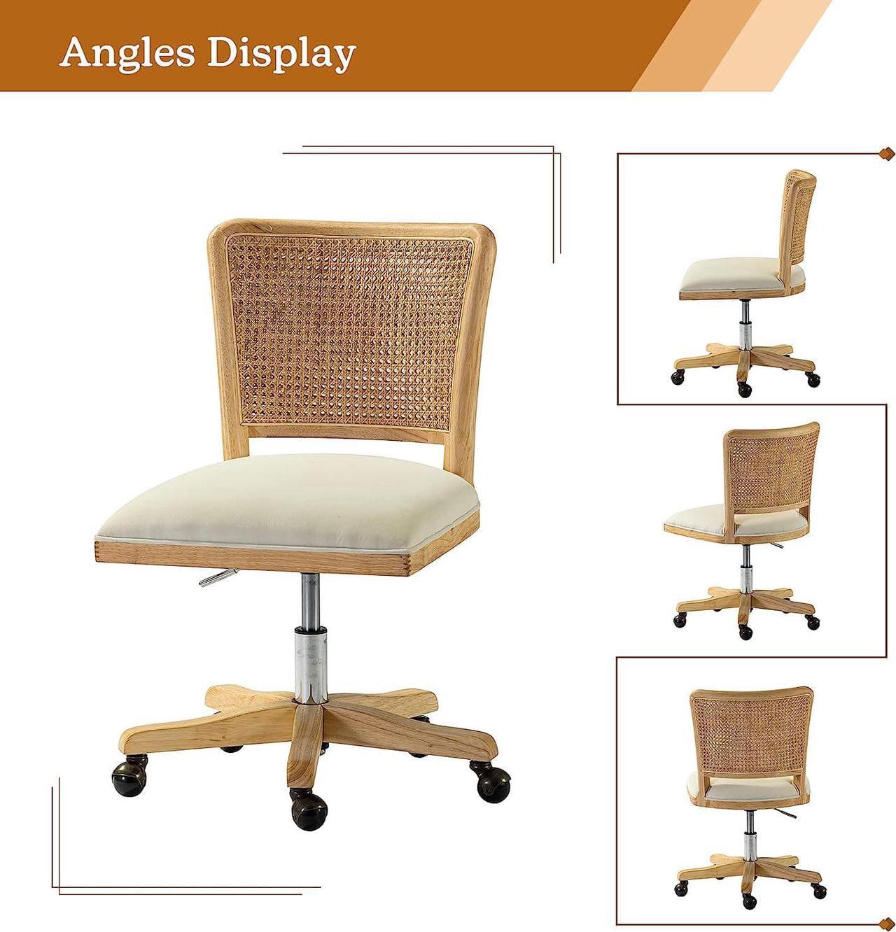 Alt view image 6 of 7 - Modern Home Office Chair Comfortable Upholstered Boho Armless Desk Chair, Adjustable Swivel Rolling Computer Chair with Rattan Mid-Back Support, Beige