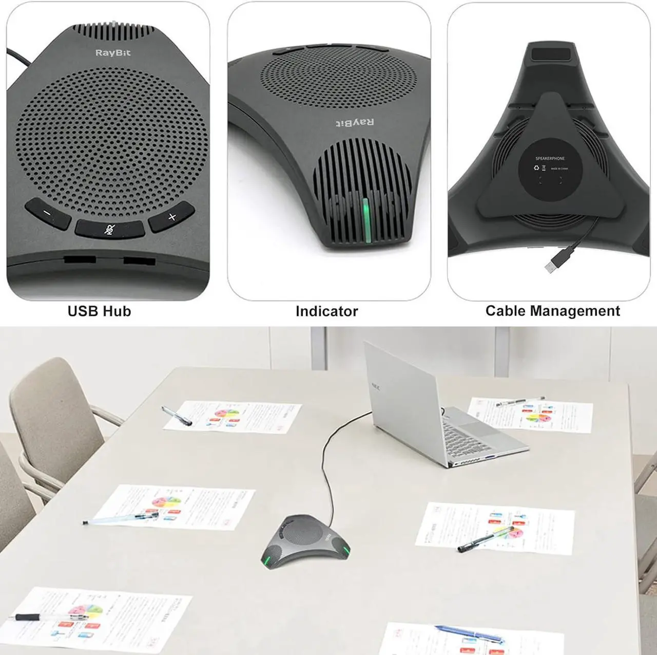 Alt view image 2 of 7 - USB Speakerphone with Dual Hub - Conference Room Omnidirectional Microphone and Speaker, Computer Speakers with Microphone for Home Office, 360° Voice Pickup & Noise Reduction Mics for 8-10 People
