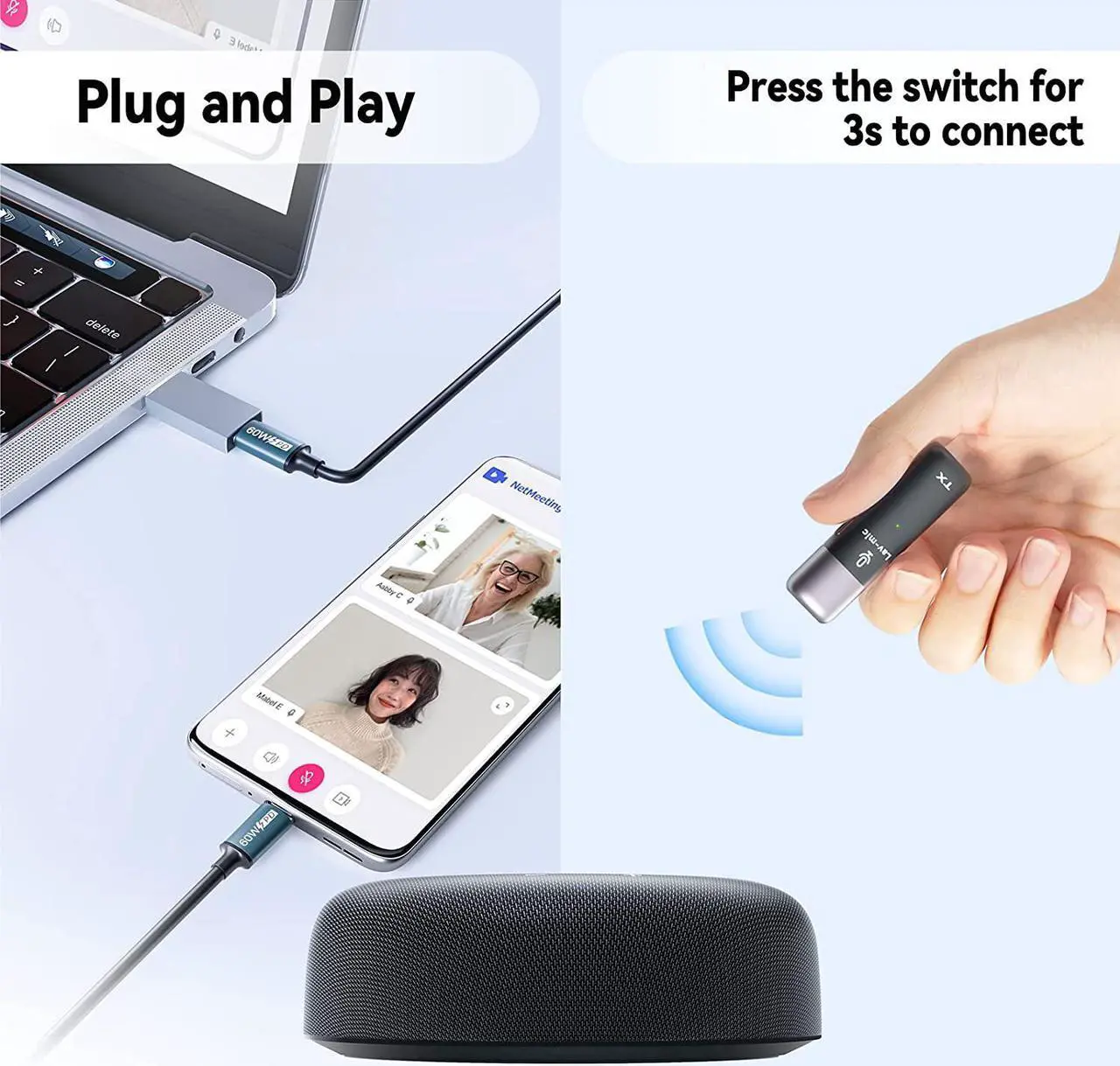 Alt view image 4 of 6 - Conference Speaker and Microphone, USB Speakerphone w/Muteable/65ft Wireless Distance/360° Pickup & Noise Cancellation Conference Room Omnidirectional Microphone for Home Office