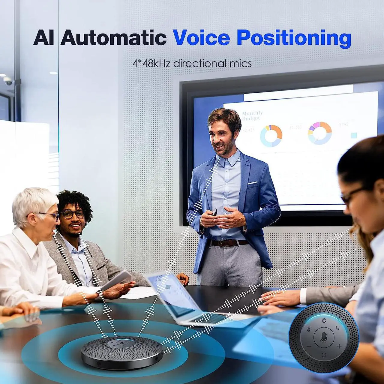 Alt view image 3 of 7 - Bluetooth Speakerphone - Daisy Chain/Use Alone up to 16 attendees, M220 Professional Wireless Speakerphone 360°Voice Pick-up 8 AI Noise Cancellation Mics Skype Speakerphone for Conference Calls