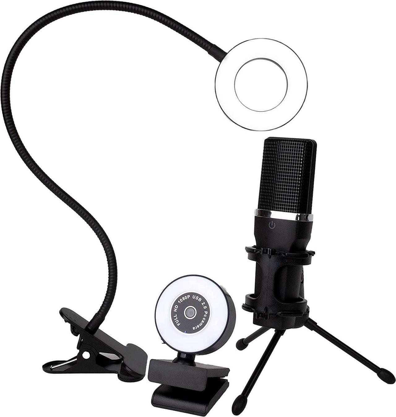 Main image of Live Streaming Kit- Perfect for Streaming Video Games on Twitch, YouTube, Podcasts and Working from Home. Includes 1920x1080p Webcam, Professional USB Microphone, and One LED Multi-Color Ringlight