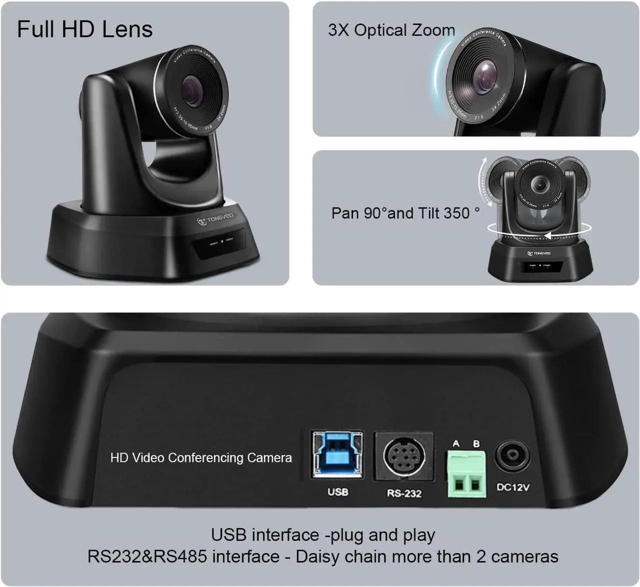Alt view image 4 of 7 - TONGVEO Conference Room Camera System with Bluetooth Microphone, 3X USB PTZ Video Camera Kit for Meeting Education Church Works with Microsoft Teams, Zoom, OBS, PC(Cam+ Mic)