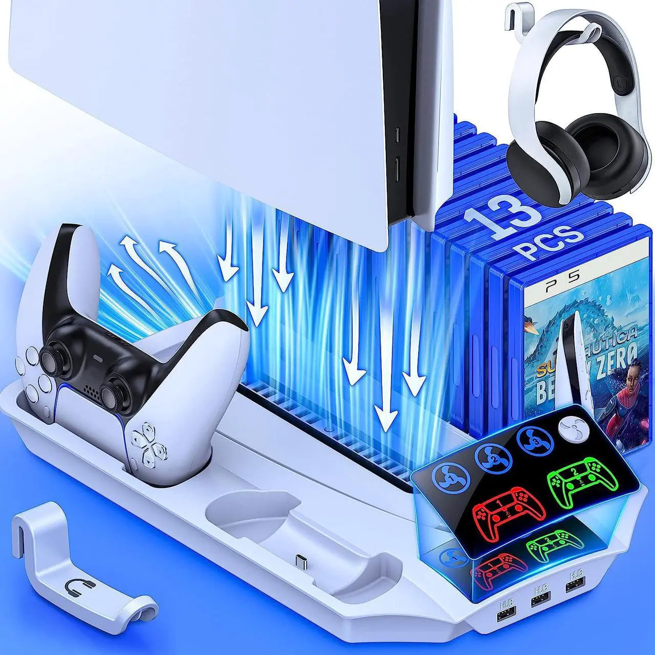 Main image of KICKDOT PS5 Stand with 4 Adjustable Cooling Fan, Dual Fast PS5 Controller Charging Station with 3 USB Hubs, Built-in 13 Game Storage PS5 Accessories PS5 Cooling Station for PS5 Digital/Disc Console