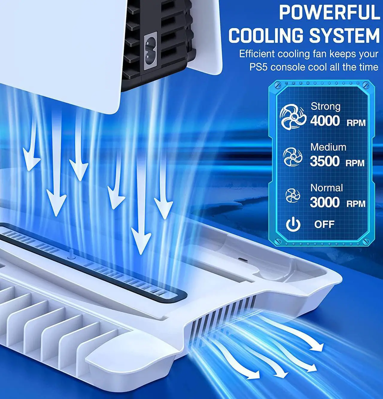 Alt view image 2 of 7 - KICKDOT PS5 Stand with 4 Adjustable Cooling Fan, Dual Fast PS5 Controller Charging Station with 3 USB Hubs, Built-in 13 Game Storage PS5 Accessories PS5 Cooling Station for PS5 Digital/Disc Console