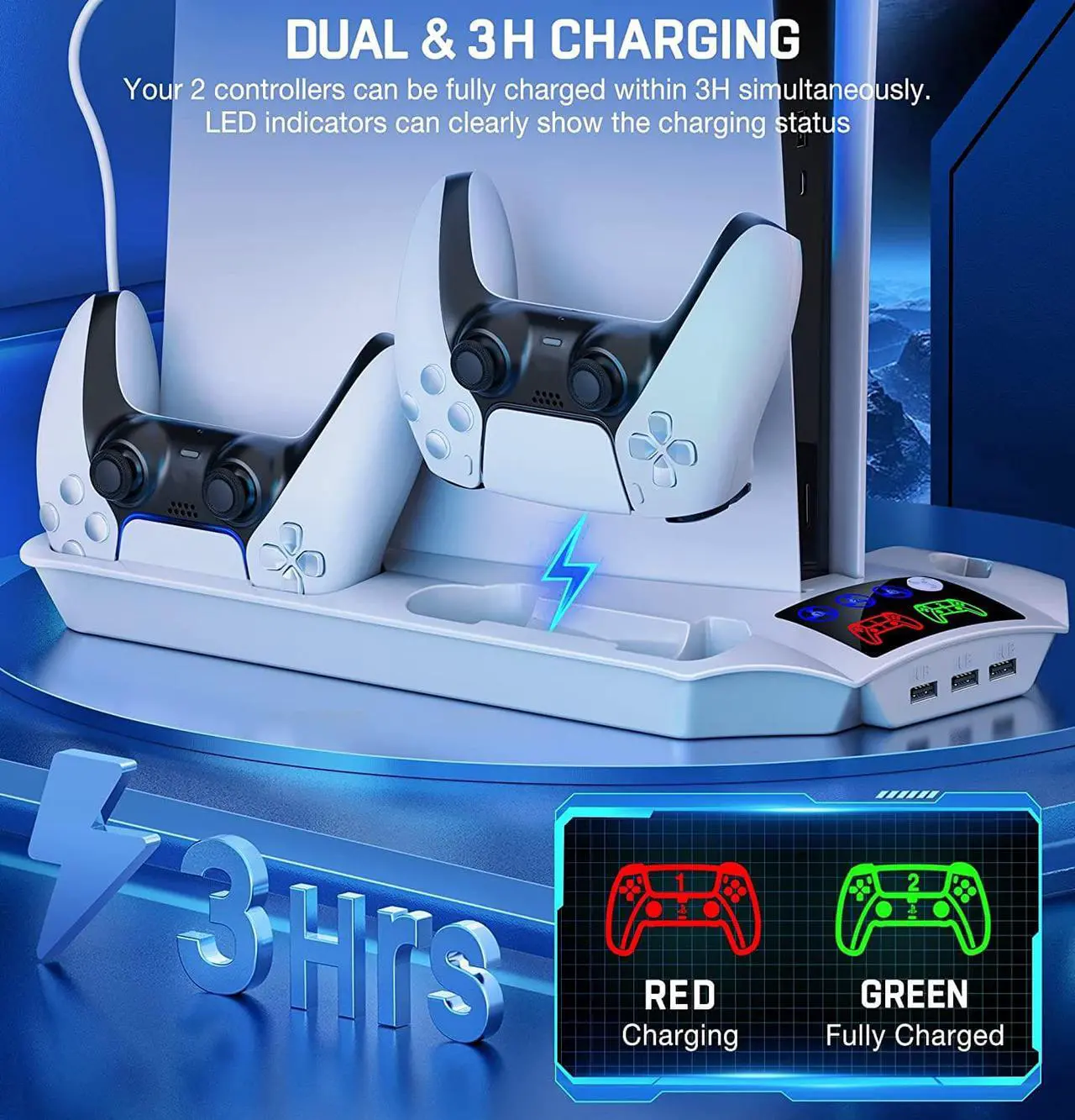 Alt view image 3 of 7 - KICKDOT PS5 Stand with 4 Adjustable Cooling Fan, Dual Fast PS5 Controller Charging Station with 3 USB Hubs, Built-in 13 Game Storage PS5 Accessories PS5 Cooling Station for PS5 Digital/Disc Console