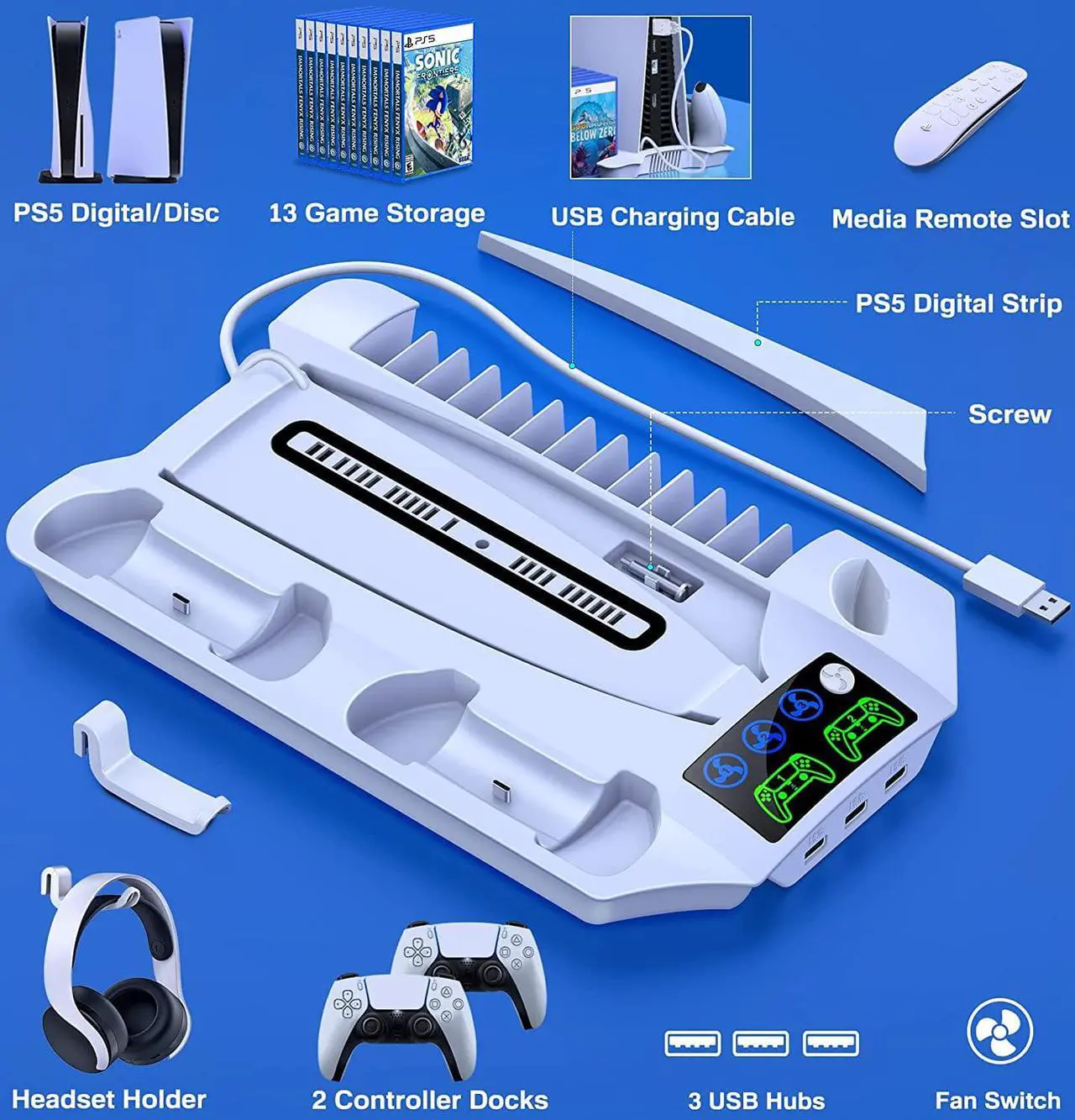 Alt view image 4 of 7 - KICKDOT PS5 Stand with 4 Adjustable Cooling Fan, Dual Fast PS5 Controller Charging Station with 3 USB Hubs, Built-in 13 Game Storage PS5 Accessories PS5 Cooling Station for PS5 Digital/Disc Console