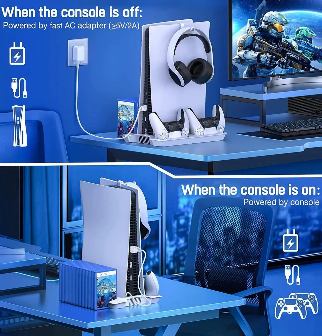Alt view image 6 of 7 - KICKDOT PS5 Stand with 4 Adjustable Cooling Fan, Dual Fast PS5 Controller Charging Station with 3 USB Hubs, Built-in 13 Game Storage PS5 Accessories PS5 Cooling Station for PS5 Digital/Disc Console
