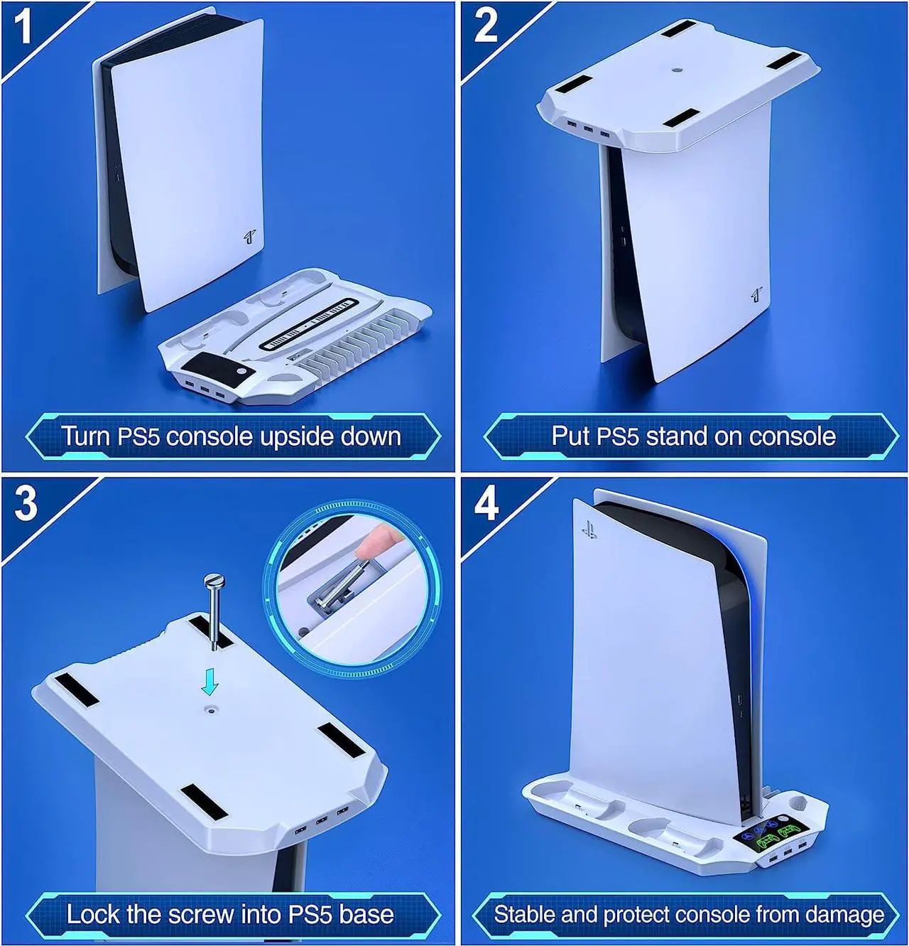 Alt view image 7 of 7 - KICKDOT PS5 Stand with 4 Adjustable Cooling Fan, Dual Fast PS5 Controller Charging Station with 3 USB Hubs, Built-in 13 Game Storage PS5 Accessories PS5 Cooling Station for PS5 Digital/Disc Console