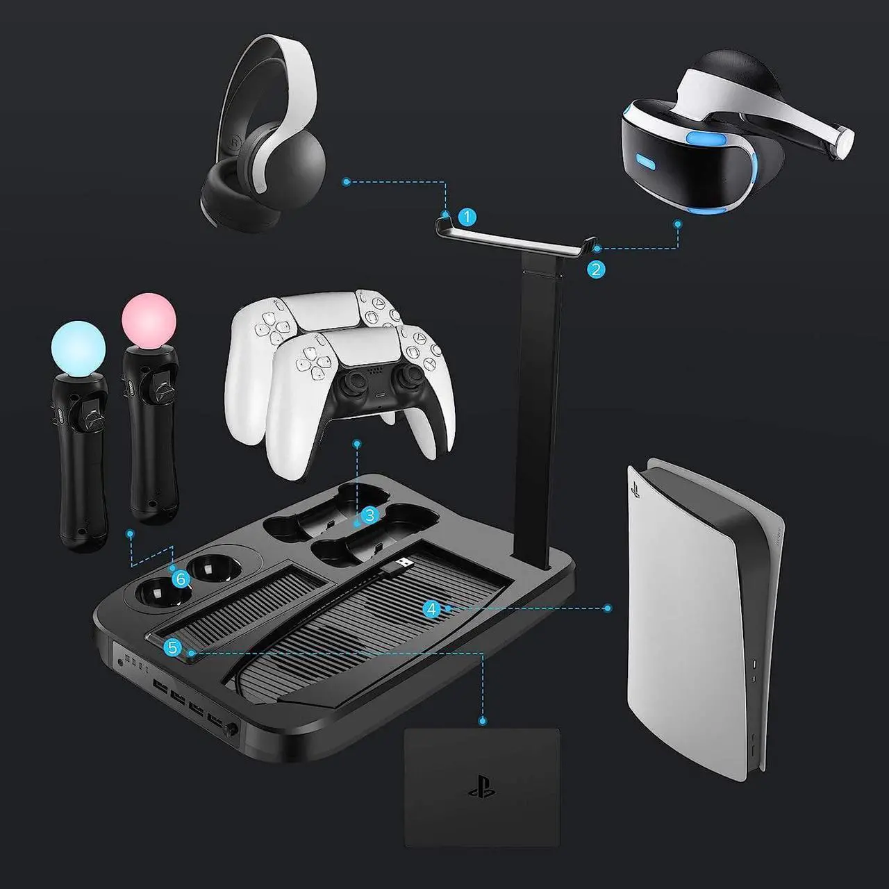 Alt view image 2 of 7 - UeeVii PS5 Stand Station for PS5 Console/Digital Edition/UHD, Charger Station Dock with Cooling Fan for PS5 VR Move Controller Headset, Cooling Station 4 USB Hub Game Headphone Storage