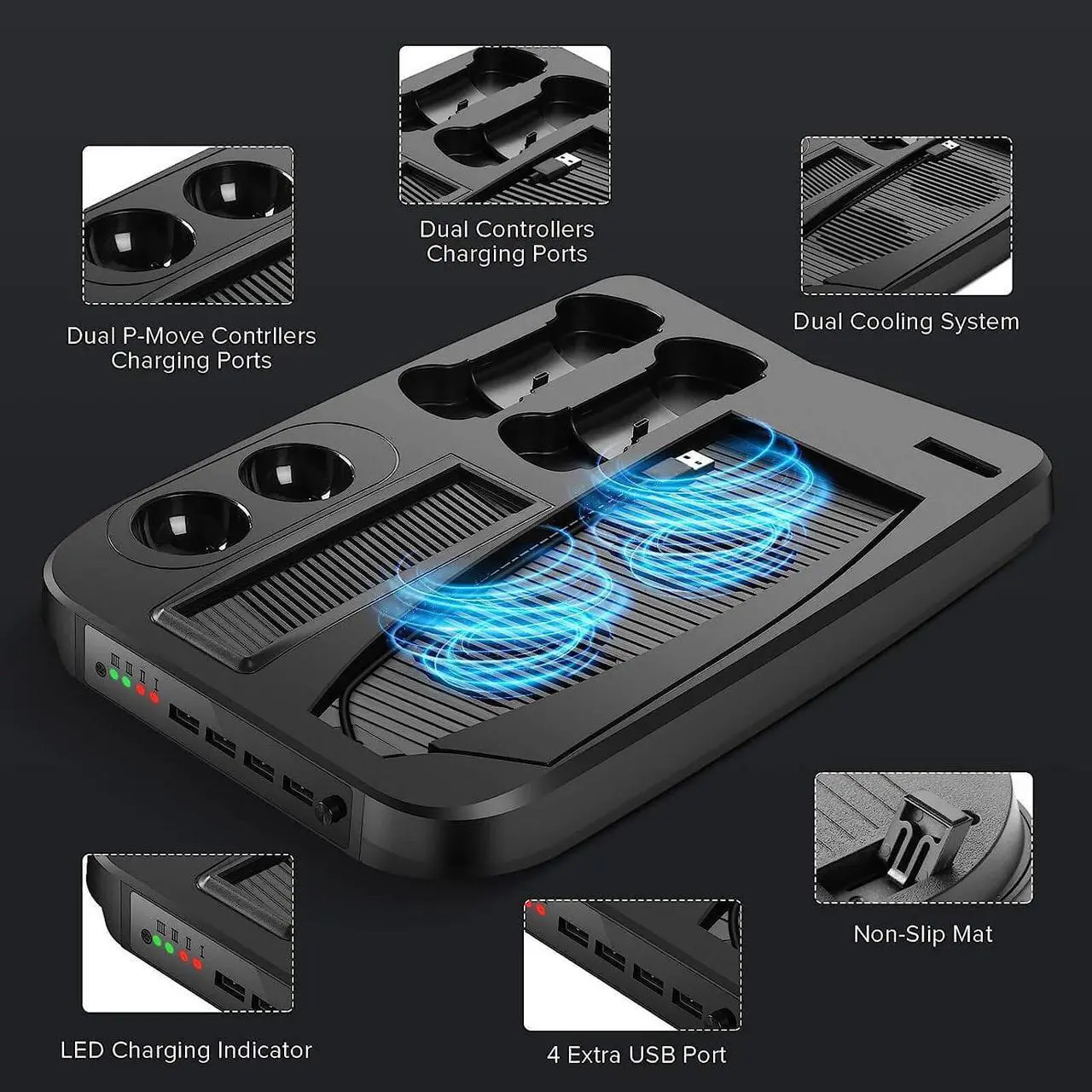 Alt view image 3 of 7 - UeeVii PS5 Stand Station for PS5 Console/Digital Edition/UHD, Charger Station Dock with Cooling Fan for PS5 VR Move Controller Headset, Cooling Station 4 USB Hub Game Headphone Storage