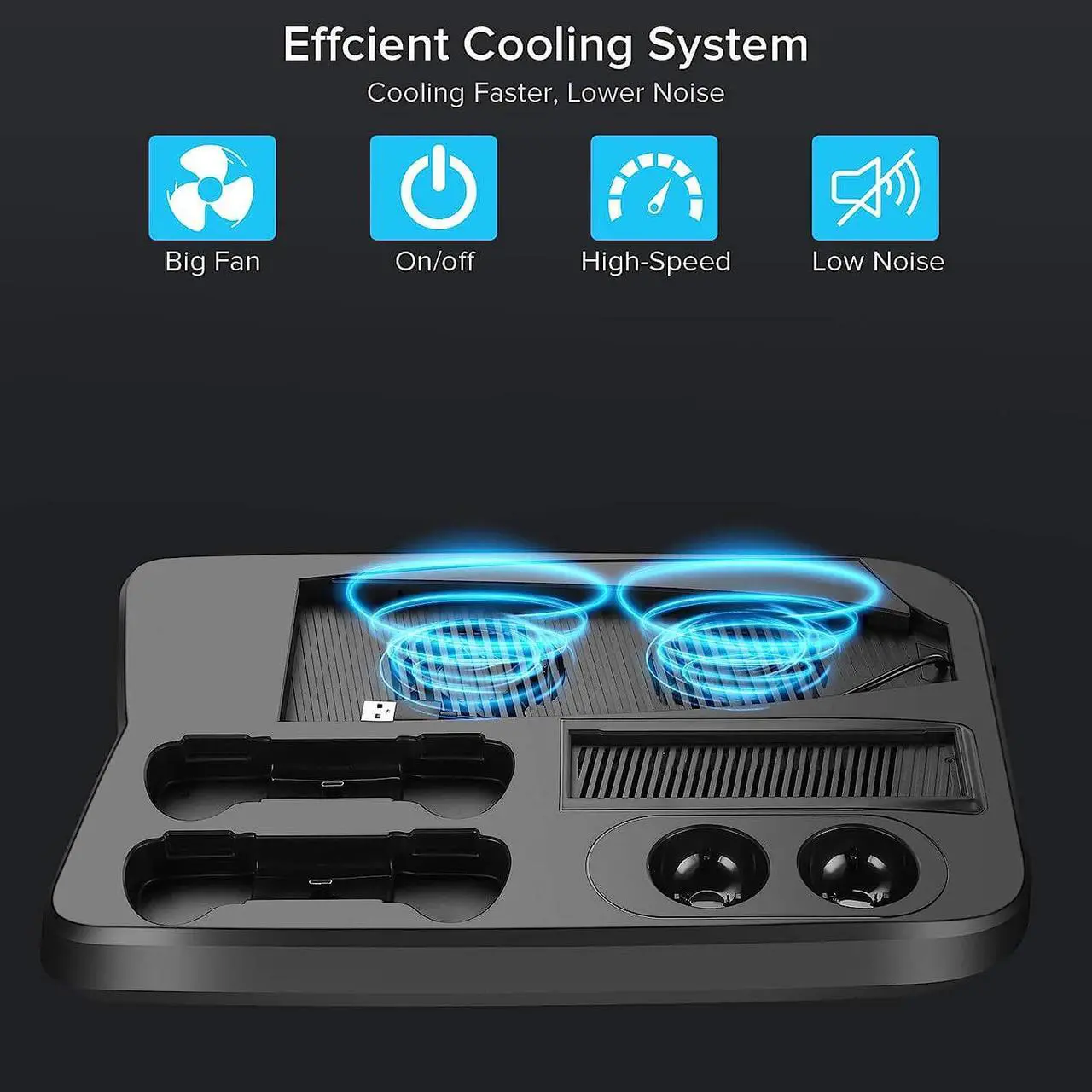 Alt view image 4 of 7 - UeeVii PS5 Stand Station for PS5 Console/Digital Edition/UHD, Charger Station Dock with Cooling Fan for PS5 VR Move Controller Headset, Cooling Station 4 USB Hub Game Headphone Storage