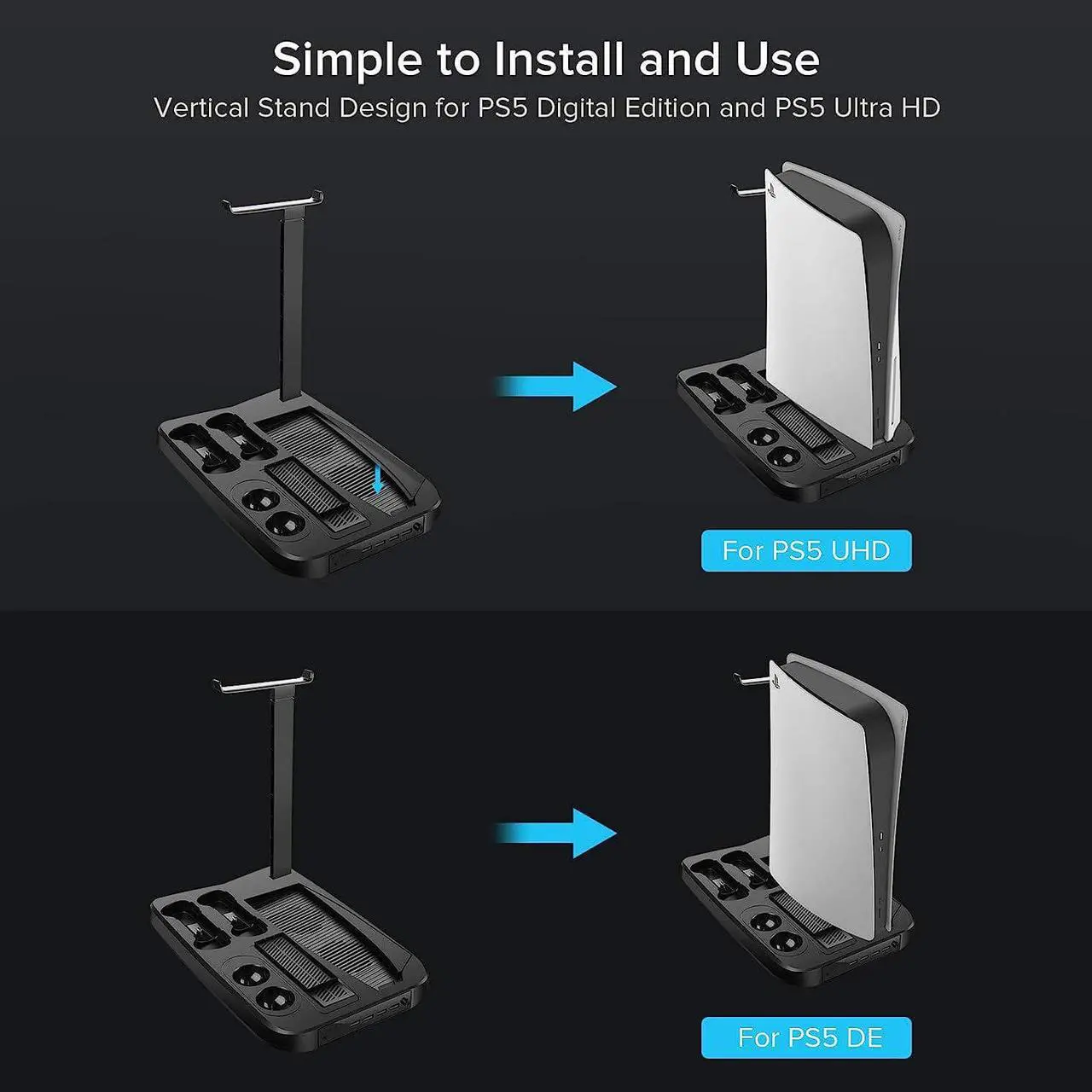 Alt view image 6 of 7 - UeeVii PS5 Stand Station for PS5 Console/Digital Edition/UHD, Charger Station Dock with Cooling Fan for PS5 VR Move Controller Headset, Cooling Station 4 USB Hub Game Headphone Storage