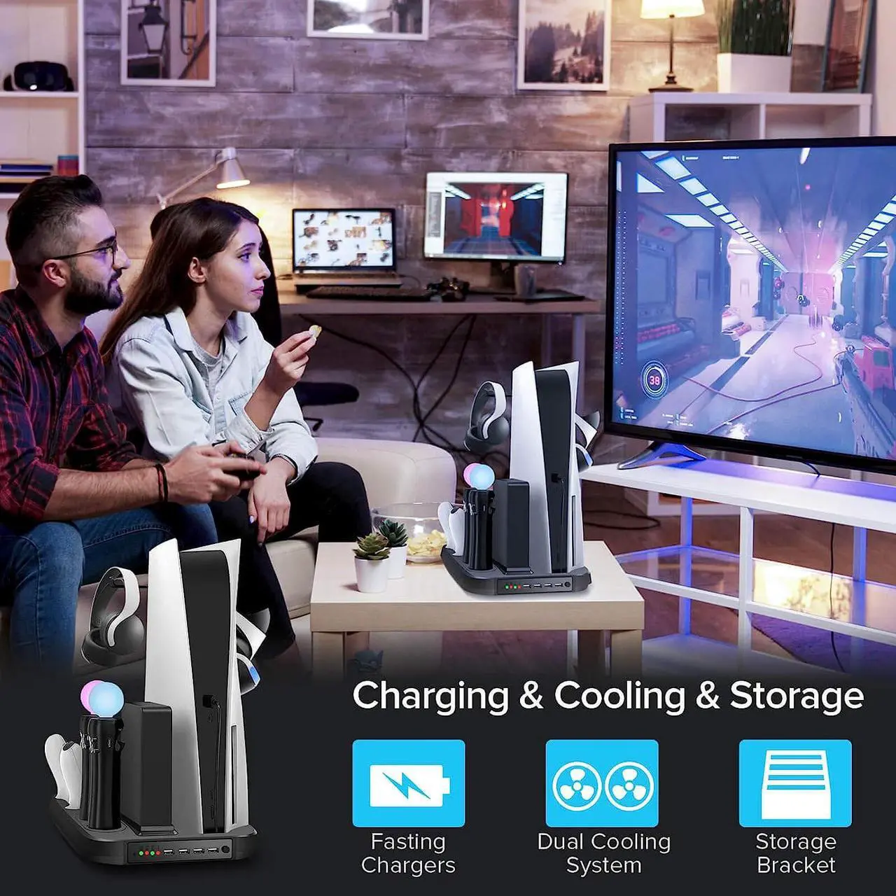 Alt view image 7 of 7 - UeeVii PS5 Stand Station for PS5 Console/Digital Edition/UHD, Charger Station Dock with Cooling Fan for PS5 VR Move Controller Headset, Cooling Station 4 USB Hub Game Headphone Storage
