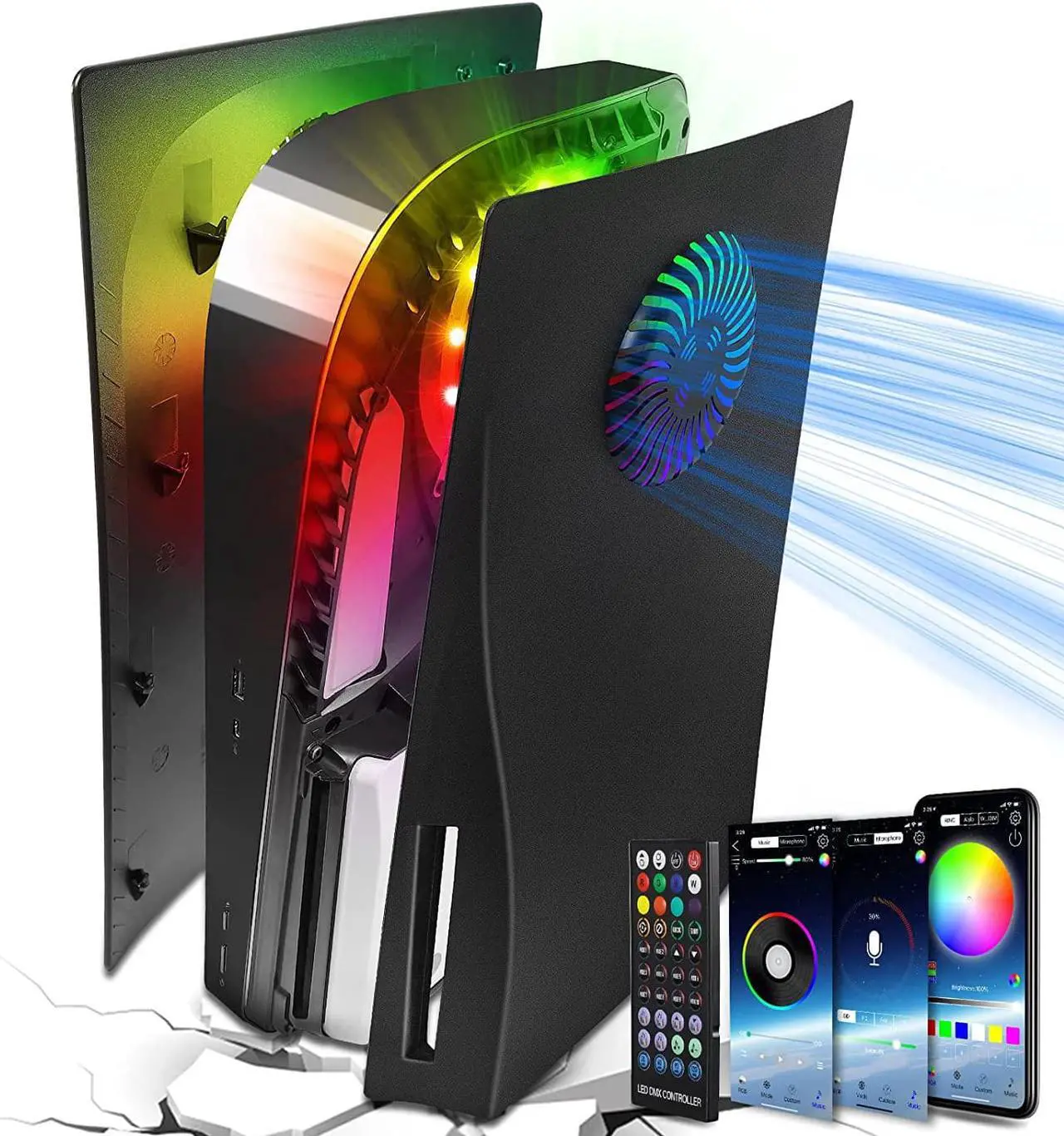 Main image of PS5 Plates Playstation 5 Accessories, PS5 Cover Face Plates and RGB LED Light Strip, SIKEMAY Console Disc Version Skins with Fan Vents Dust Side Faceplate Shell Case, 8 Color 400+Effects Kit - Black