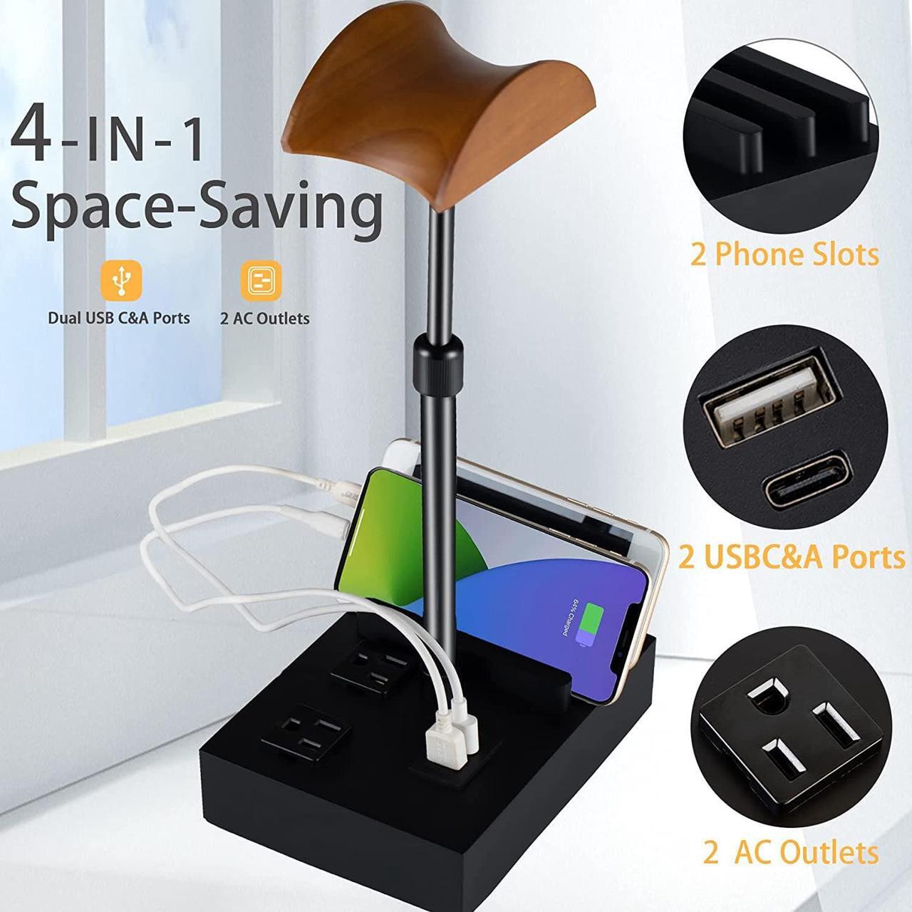 Alt view image 2 of 7 - CASTLELIFE Headphone Stand Desktop Gaming Headset Holder with 2 AC Outlets and USB C&A Ports, Charging Station&Phone Stands, Height Adjustable Wood Earphone Table Game Accessories for Desktop Gamer