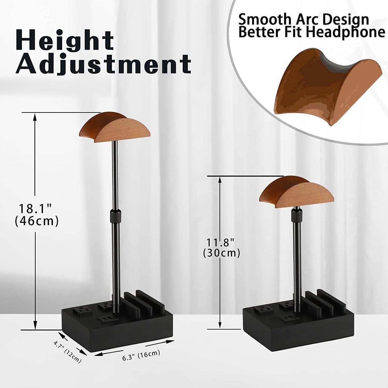 Alt view image 4 of 7 - CASTLELIFE Headphone Stand Desktop Gaming Headset Holder with 2 AC Outlets and USB C&A Ports, Charging Station&Phone Stands, Height Adjustable Wood Earphone Table Game Accessories for Desktop Gamer