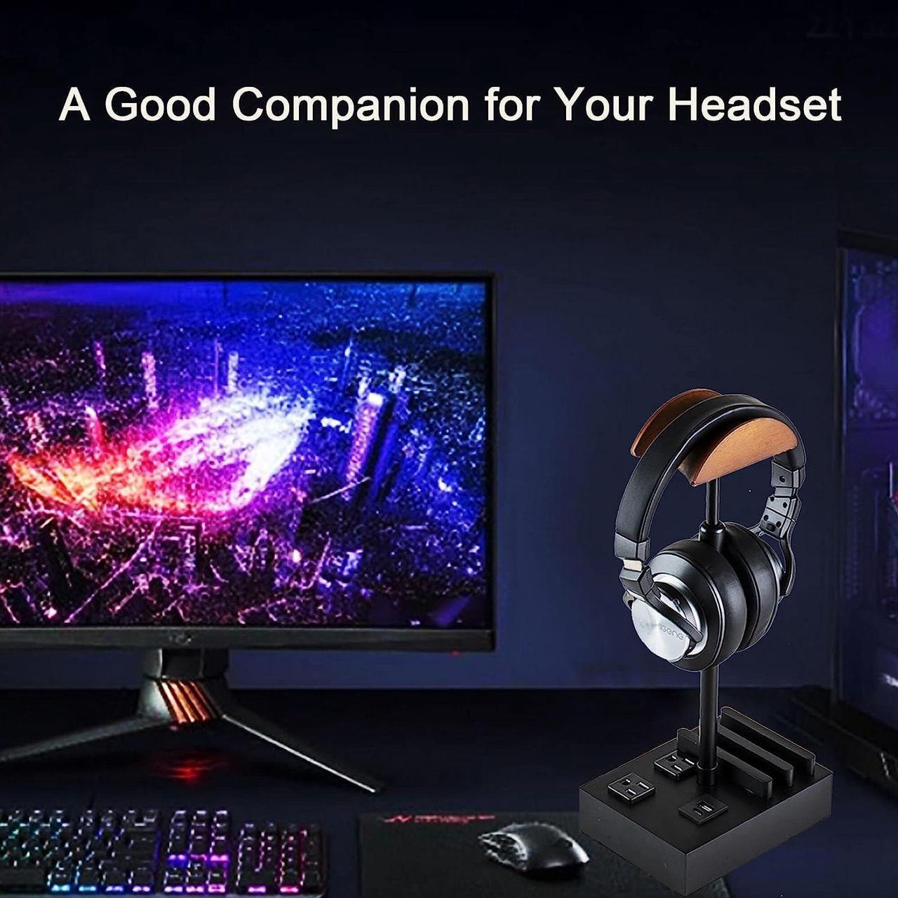 Alt view image 5 of 7 - CASTLELIFE Headphone Stand Desktop Gaming Headset Holder with 2 AC Outlets and USB C&A Ports, Charging Station&Phone Stands, Height Adjustable Wood Earphone Table Game Accessories for Desktop Gamer