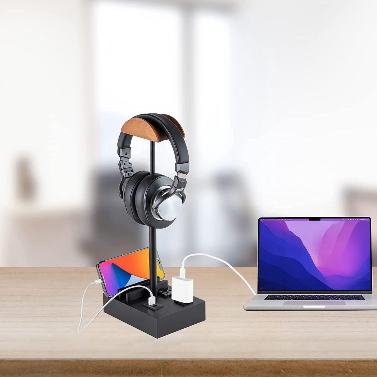 Alt view image 6 of 7 - CASTLELIFE Headphone Stand Desktop Gaming Headset Holder with 2 AC Outlets and USB C&A Ports, Charging Station&Phone Stands, Height Adjustable Wood Earphone Table Game Accessories for Desktop Gamer