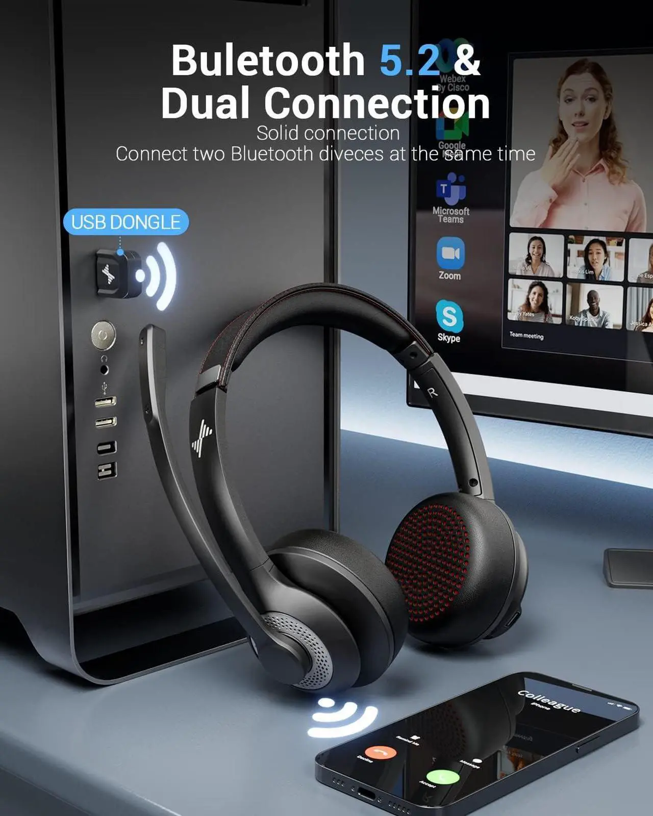 Alt view image 2 of 6 - Wireless Headset with AI Noise Cancelling Microphone Bluetooth Headset - Bluetooth V5.2 Headphones with USB Dongle & Mic Mute for Computer/Laptop/PC/iPhone/Android/Cell Phones/Zoom/Ms Teams/Skype