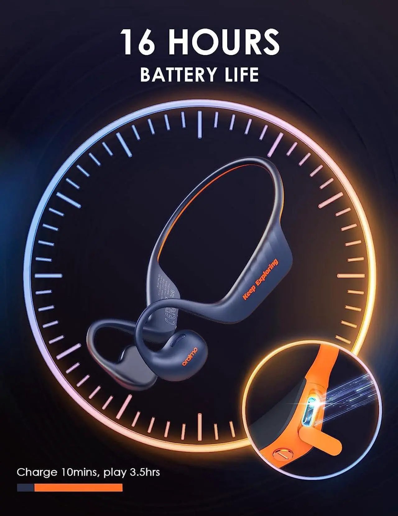 Alt view image 5 of 7 - Oraimo Open Ear Headphones, Wireless Earbuds for Android & iPhone, Open Ear Earbuds, Built-in Mic,Sweat/Splash Proof, 16 Hrs Music Play, for Running Cycling Climbing with Deep Base