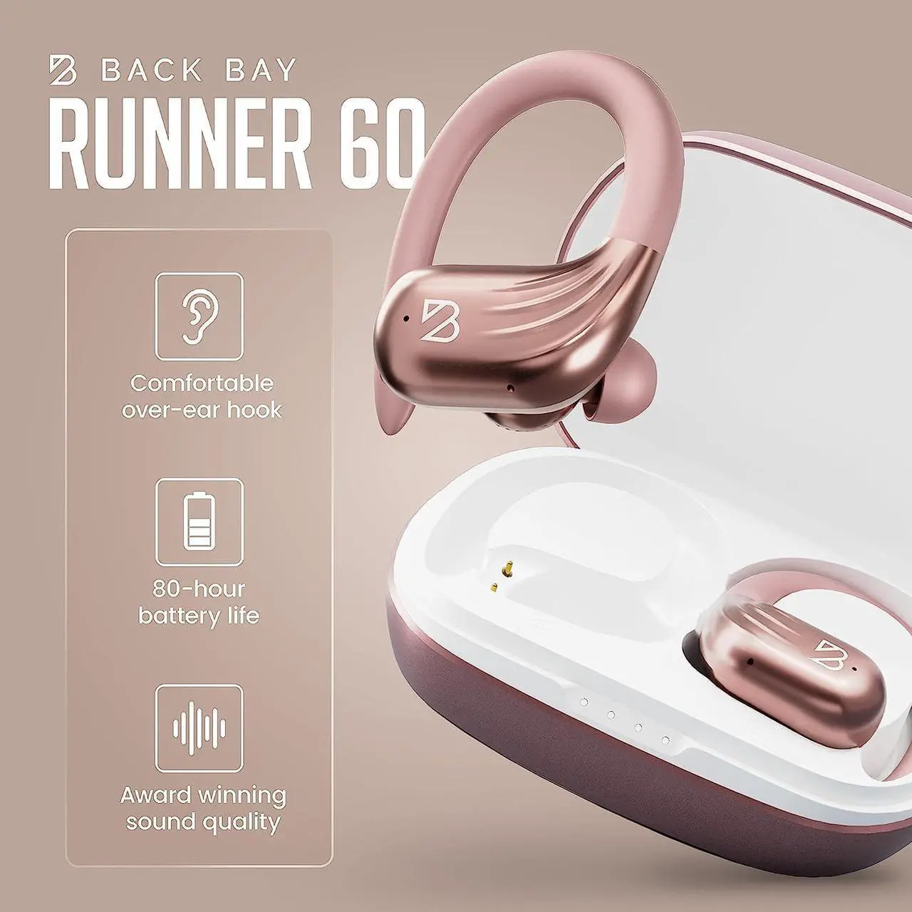 Alt view image 3 of 7 - Rose Gold Wireless Running Earbuds for Women. Pink Bluetooth Sport Earbuds for Running, 80 Hour Long Battery Life Over the Ear Earbuds with EarHooks, Wrap Around Ear buds with Microphone, Earphones