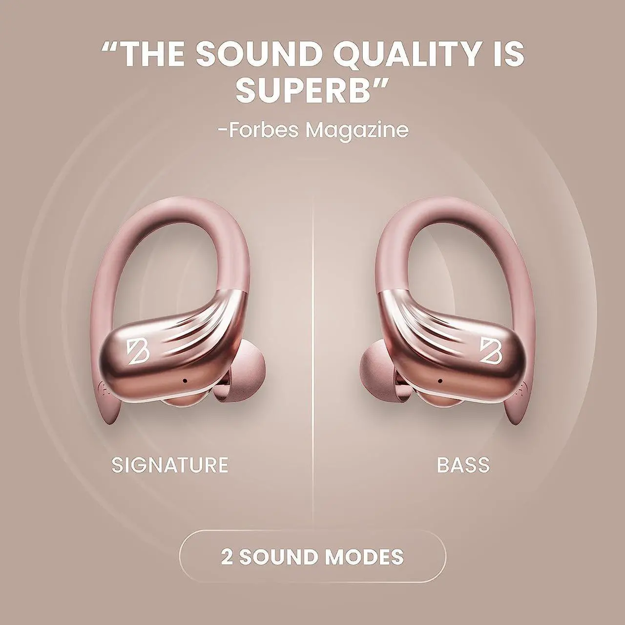 Alt view image 4 of 7 - Rose Gold Wireless Running Earbuds for Women. Pink Bluetooth Sport Earbuds for Running, 80 Hour Long Battery Life Over the Ear Earbuds with EarHooks, Wrap Around Ear buds with Microphone, Earphones