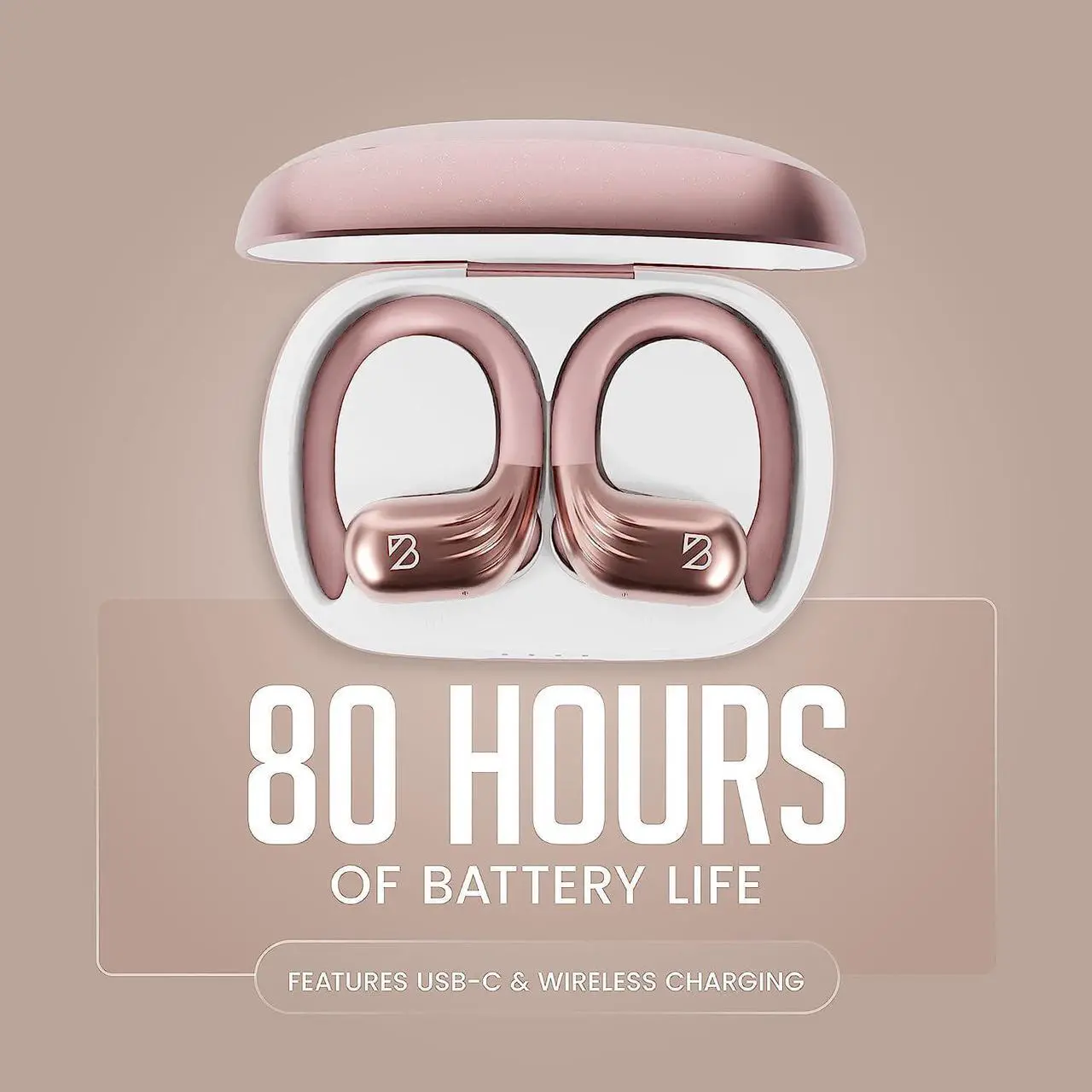 Alt view image 6 of 7 - Rose Gold Wireless Running Earbuds for Women. Pink Bluetooth Sport Earbuds for Running, 80 Hour Long Battery Life Over the Ear Earbuds with EarHooks, Wrap Around Ear buds with Microphone, Earphones
