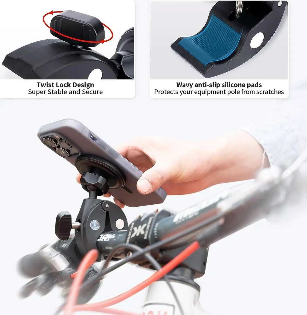 Alt view image 4 of 7 - Phone Holder Mount Magnetic Accessories: Fitness Equipment Gym Motorcycle Handlebar, Exercise Bike, Treadmill, Stroller, Cart, for Magsafe iPhone 16 15 14 13 12 Plus Pro Max & All Phone Stand Clamp