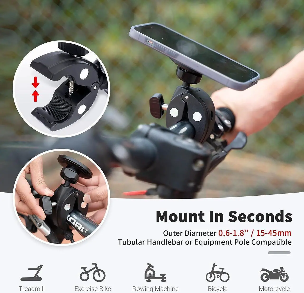 Alt view image 7 of 7 - Phone Holder Mount Magnetic Accessories: Fitness Equipment Gym Motorcycle Handlebar, Exercise Bike, Treadmill, Stroller, Cart, for Magsafe iPhone 16 15 14 13 12 Plus Pro Max & All Phone Stand Clamp