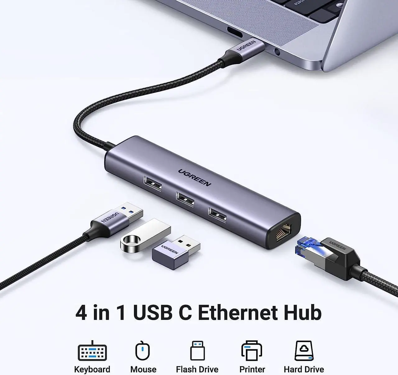 Alt view image 2 of 7 - UGREEN USB C to Ethernet Adapter, 4 in 1 Multiport Hub with Gigabit RJ45, 3 x USB 3.0 Ports Compatible with MacBook Pro Air, iMac, Mac Mini, iPad, Galaxy S23 S22, Surface Book, Dell XPS, Chromebook