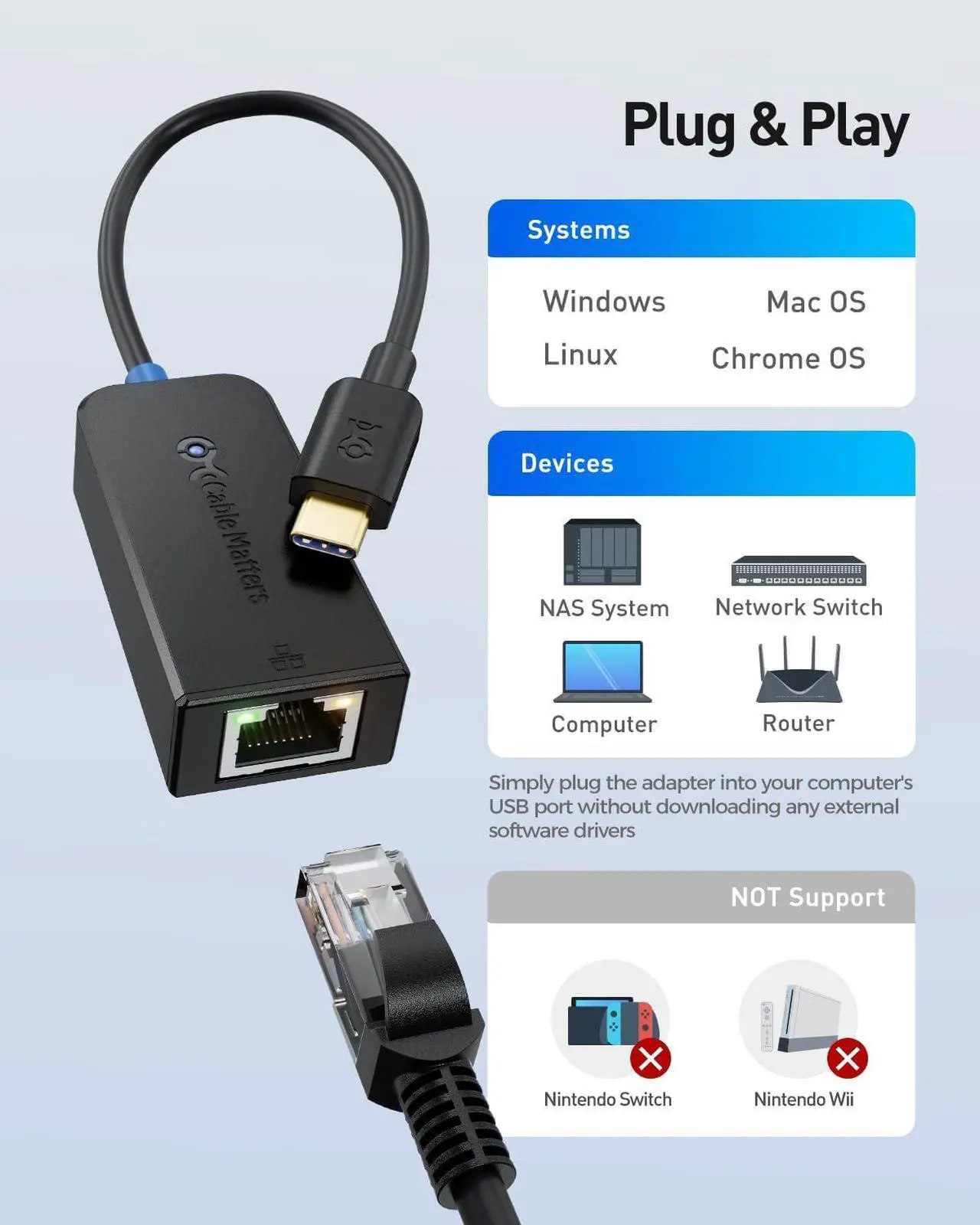 Alt view image 4 of 6 - Cable Matters USB C to 2.5Gb Ethernet Adapter, USB-C to 2.5 Gigabit Ethernet, 2.5Gb USB C Network Adapter - Compatible with Thunderbolt 5/4 for MacBook, Not Work with Mac Mini
